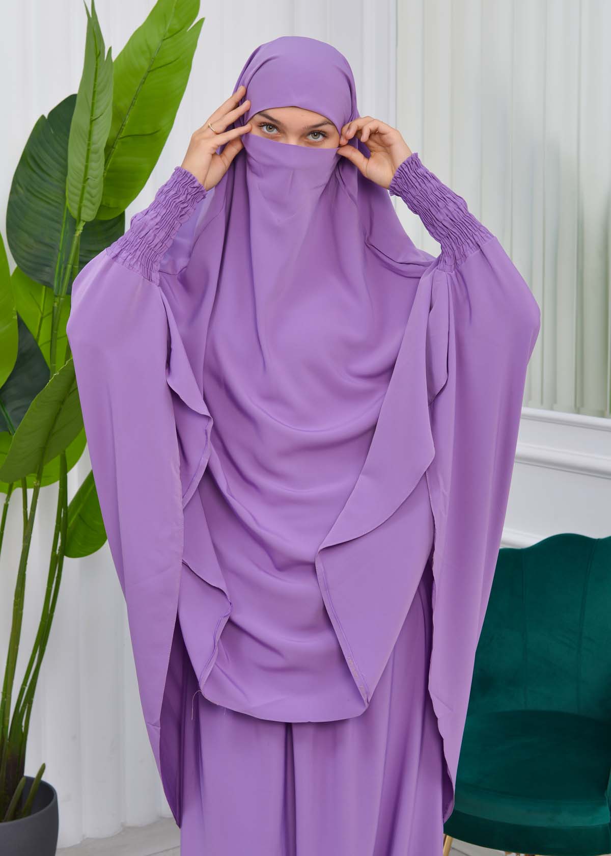 Muslim Dresses For Women ,Abayas Prayer Islamic Clothes Long dress Hijab Bonnet 2Pieces Sleeve Hijab Sheet 822 Lila