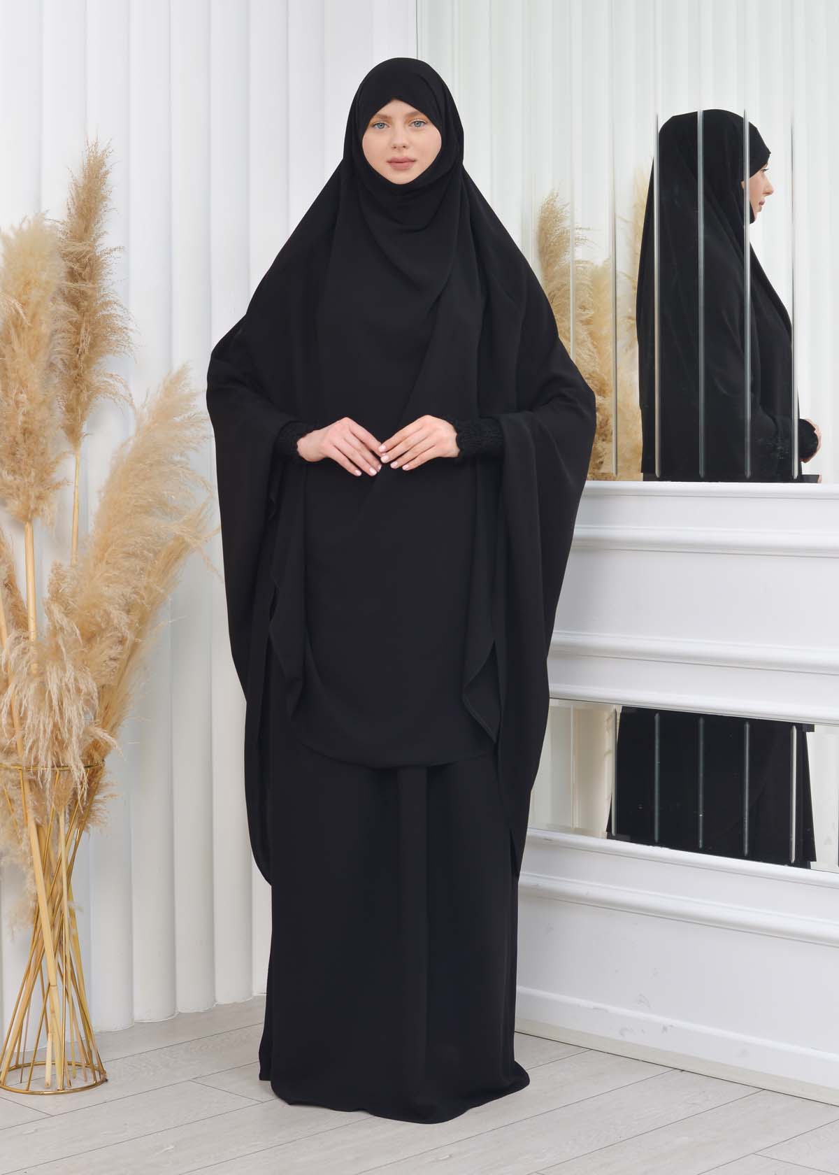 Muslim Dresses For Women ,Abayas Prayer Islamic Clothes Long dress Hijab Bonnet 2Pieces Sleeve Hijab Sheet 822 Siyah