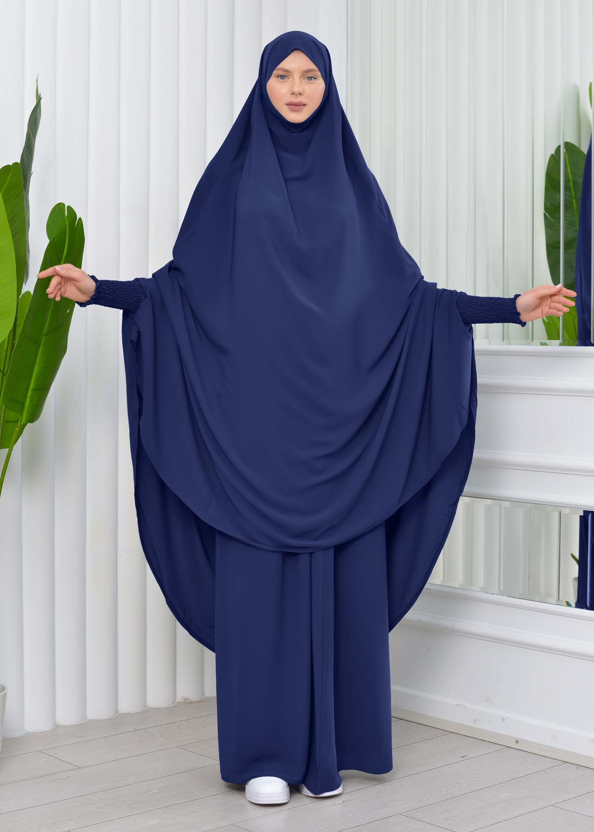 Muslim Dresses For Women ,Abayas Prayer Islamic Clothes Long dress Hijab Bonnet 2Pieces Sleeve Hijab Sheet 822 - deep blue