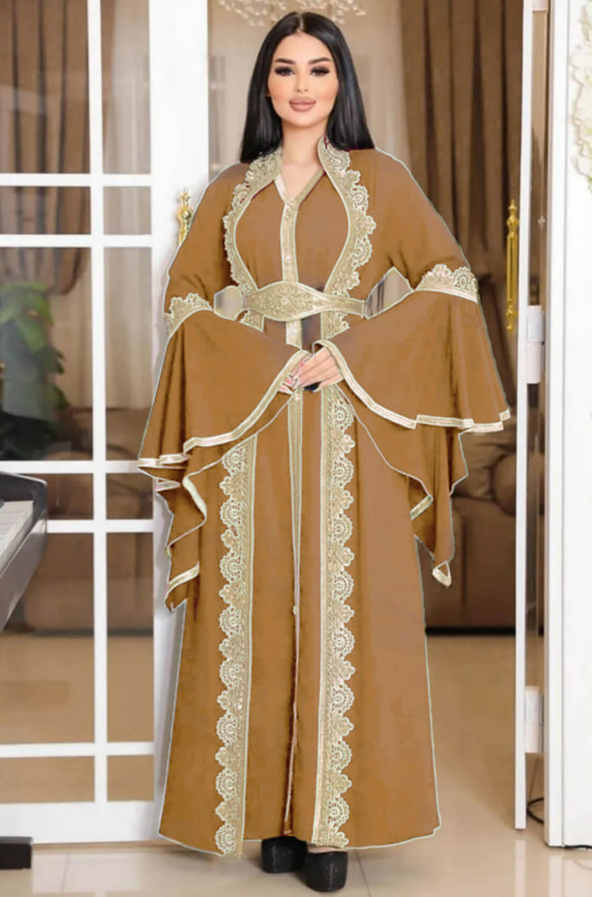 Gold-embroidered kaftan Abiye 4114 - tan