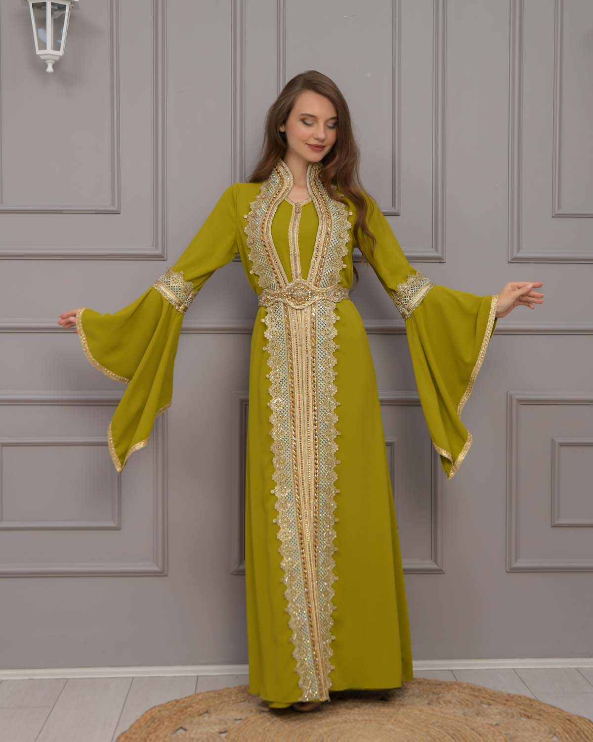 Gold-embroidered kaftan Abiye 4117 - pea