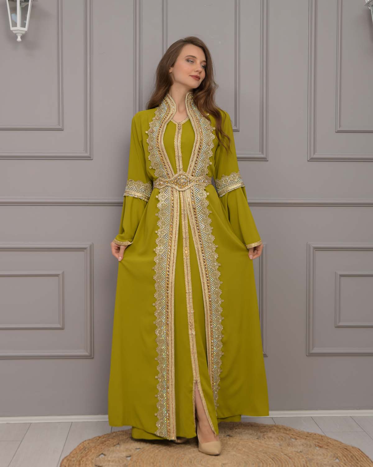 Gold-embroidered kaftan Abiye 4117 - pea