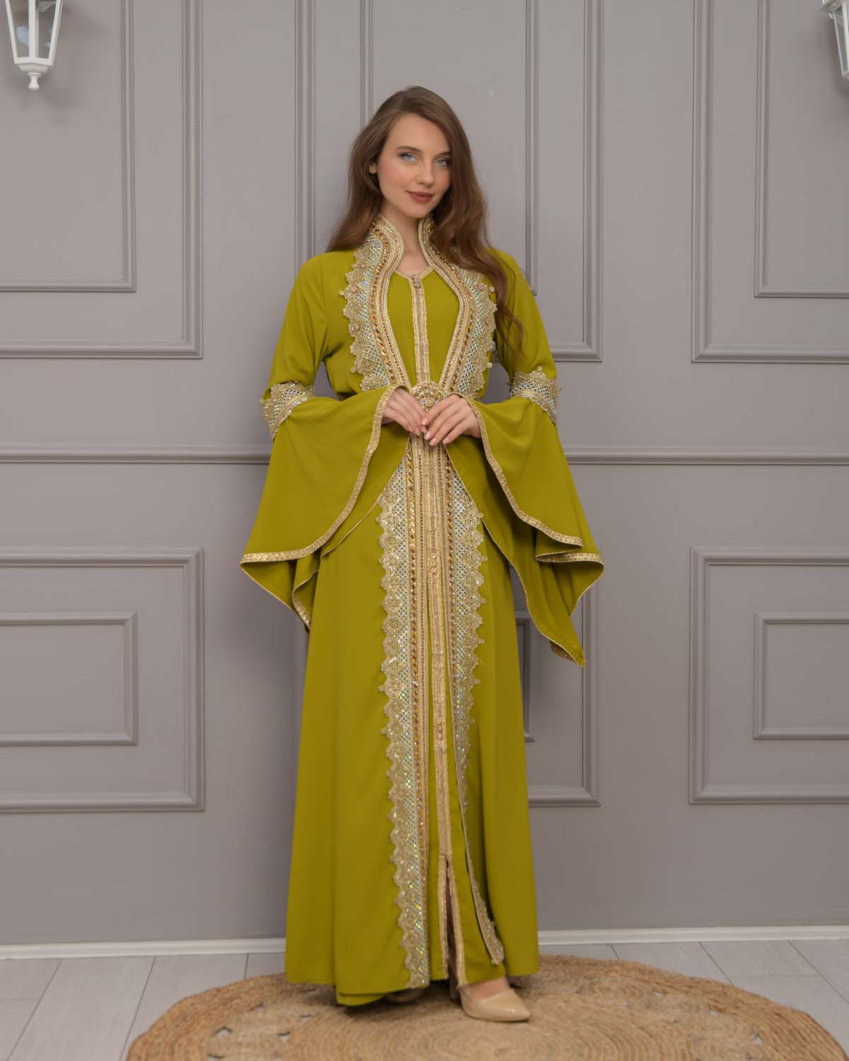 Gold-embroidered kaftan Abiye 4117 - pea