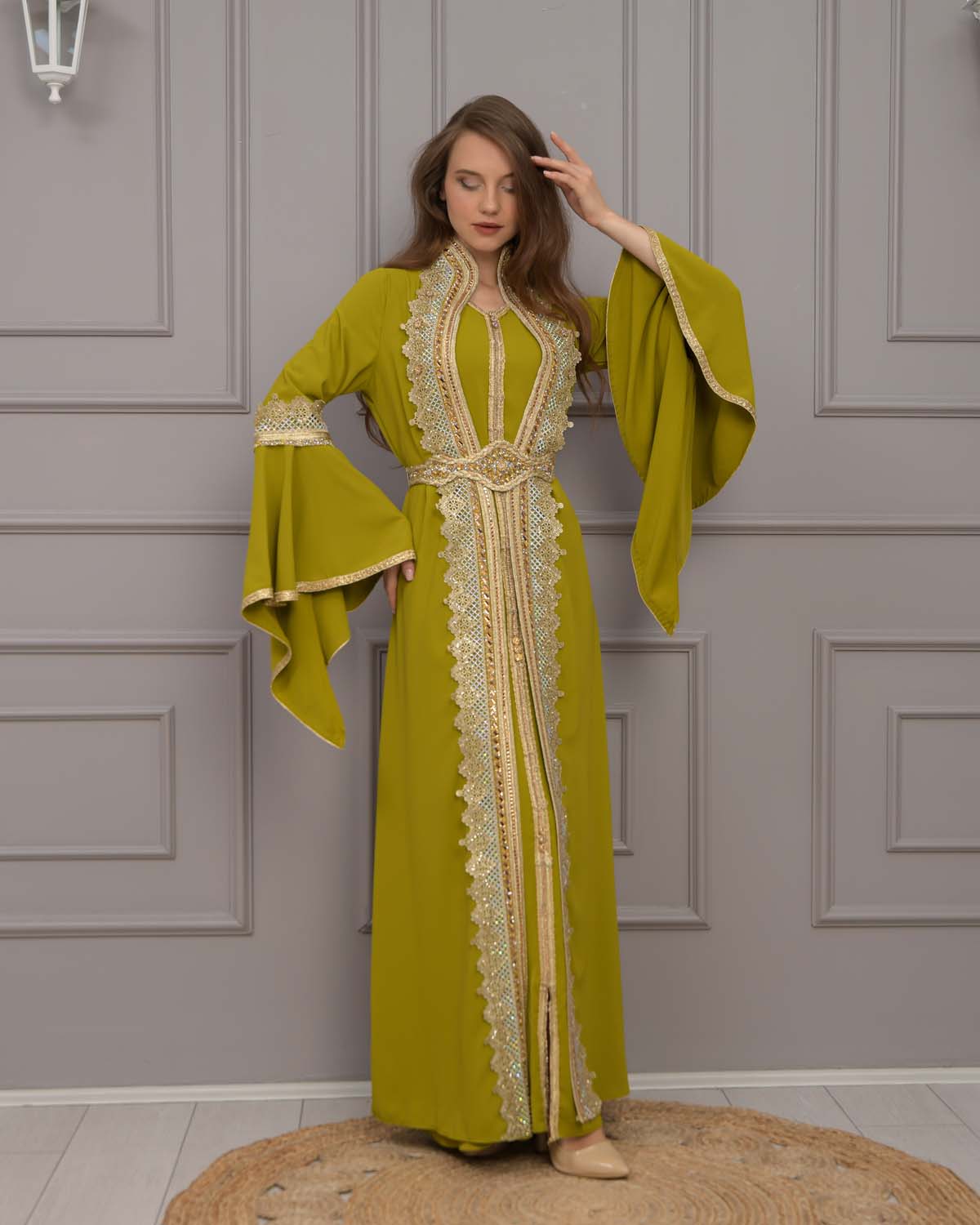 Gold-embroidered kaftan Abiye 4117 - pea