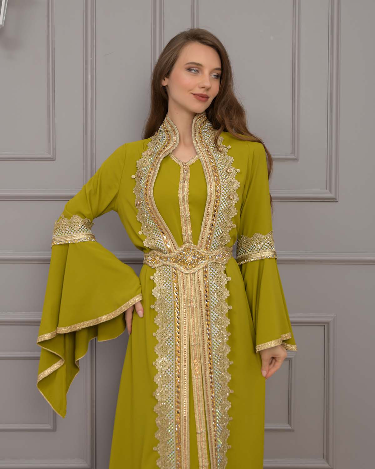 Gold-embroidered kaftan Abiye 4117 - pea