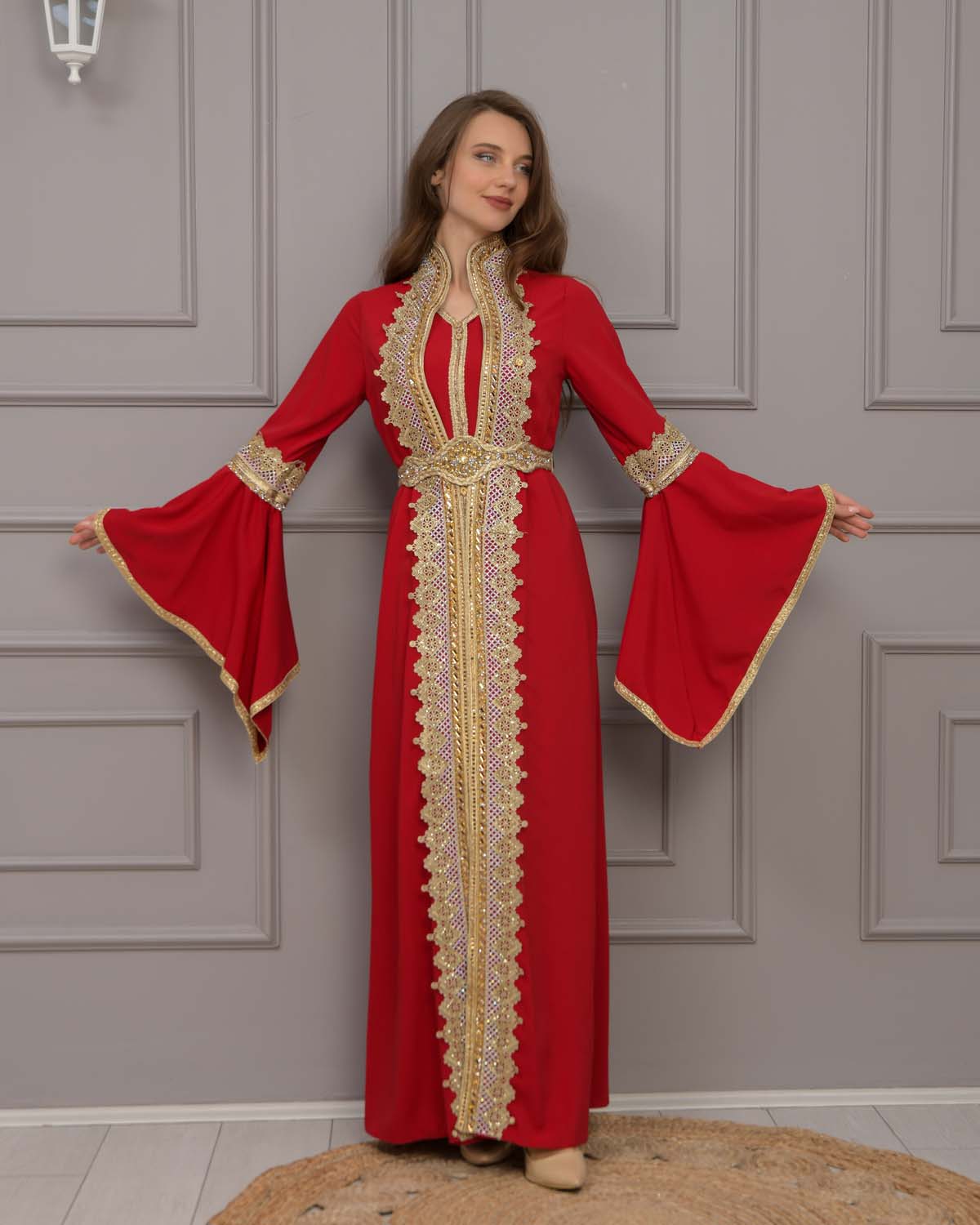 Gold-embroidered kaftan Abiye 4117 - burgundy