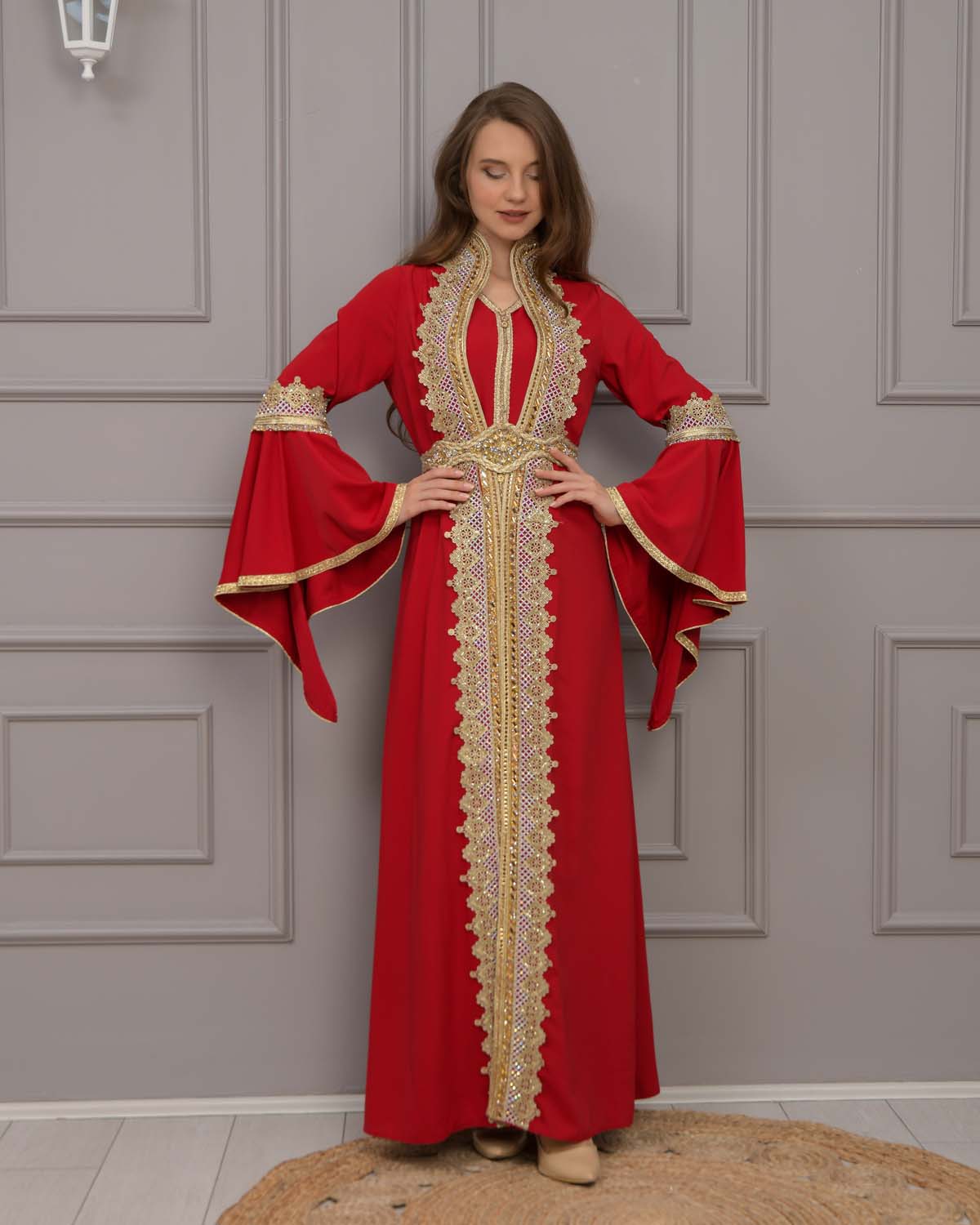 Altın işlemli  kaftan Abiye Elbise 4117 - Bordo