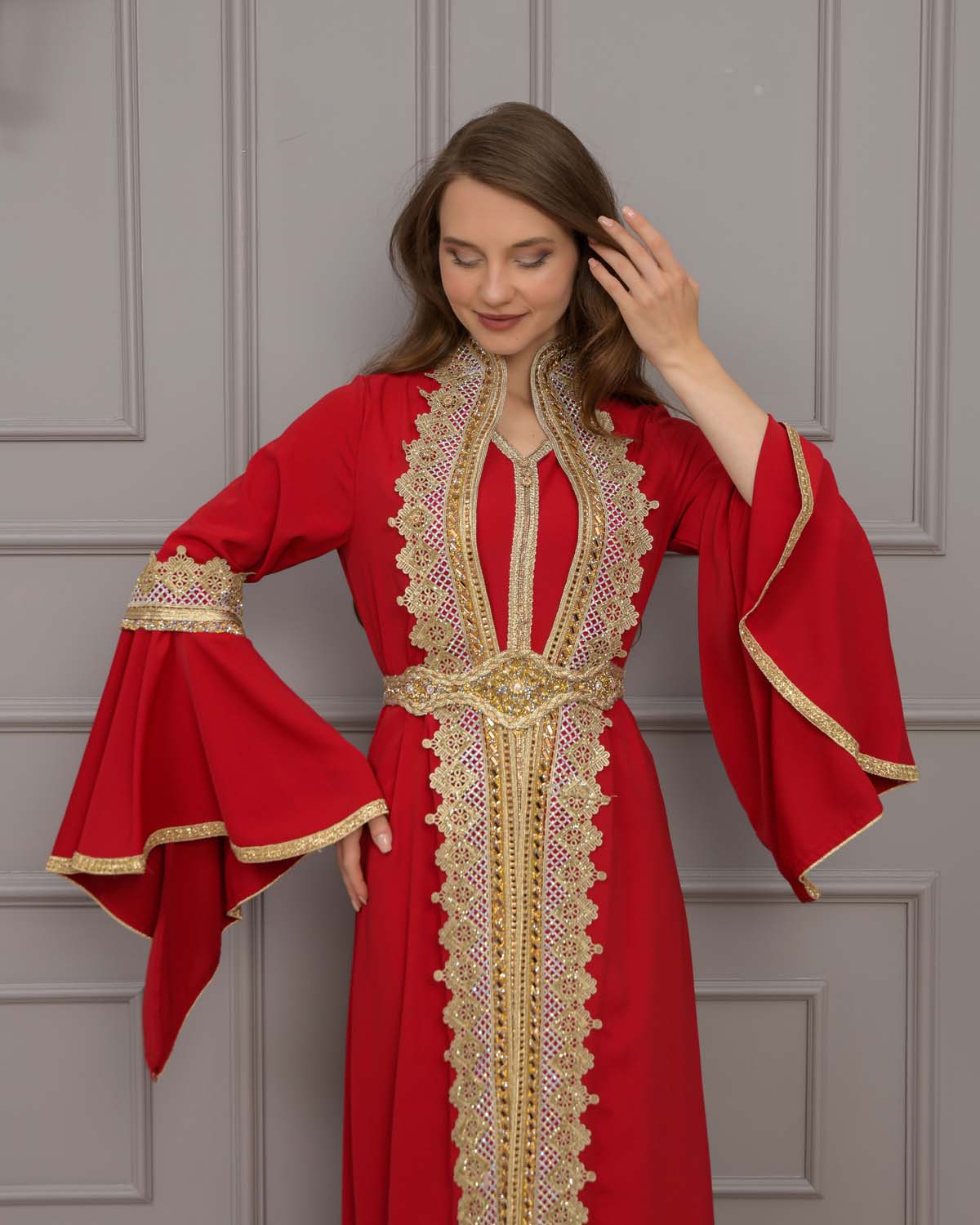 Altın işlemli  kaftan Abiye Elbise 4117 - Bordo