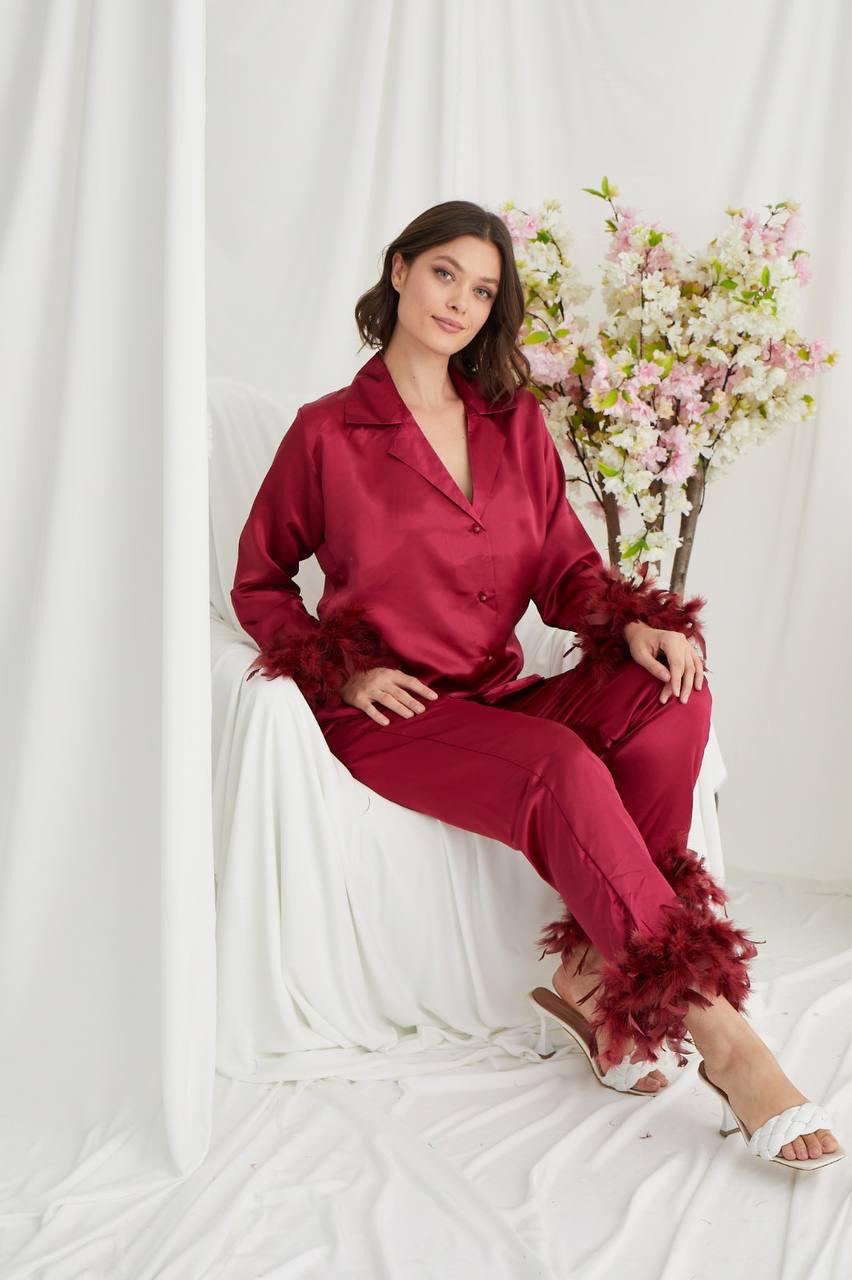 Burgundy Feather Elegance satin pijama 1090-1 - burgundy