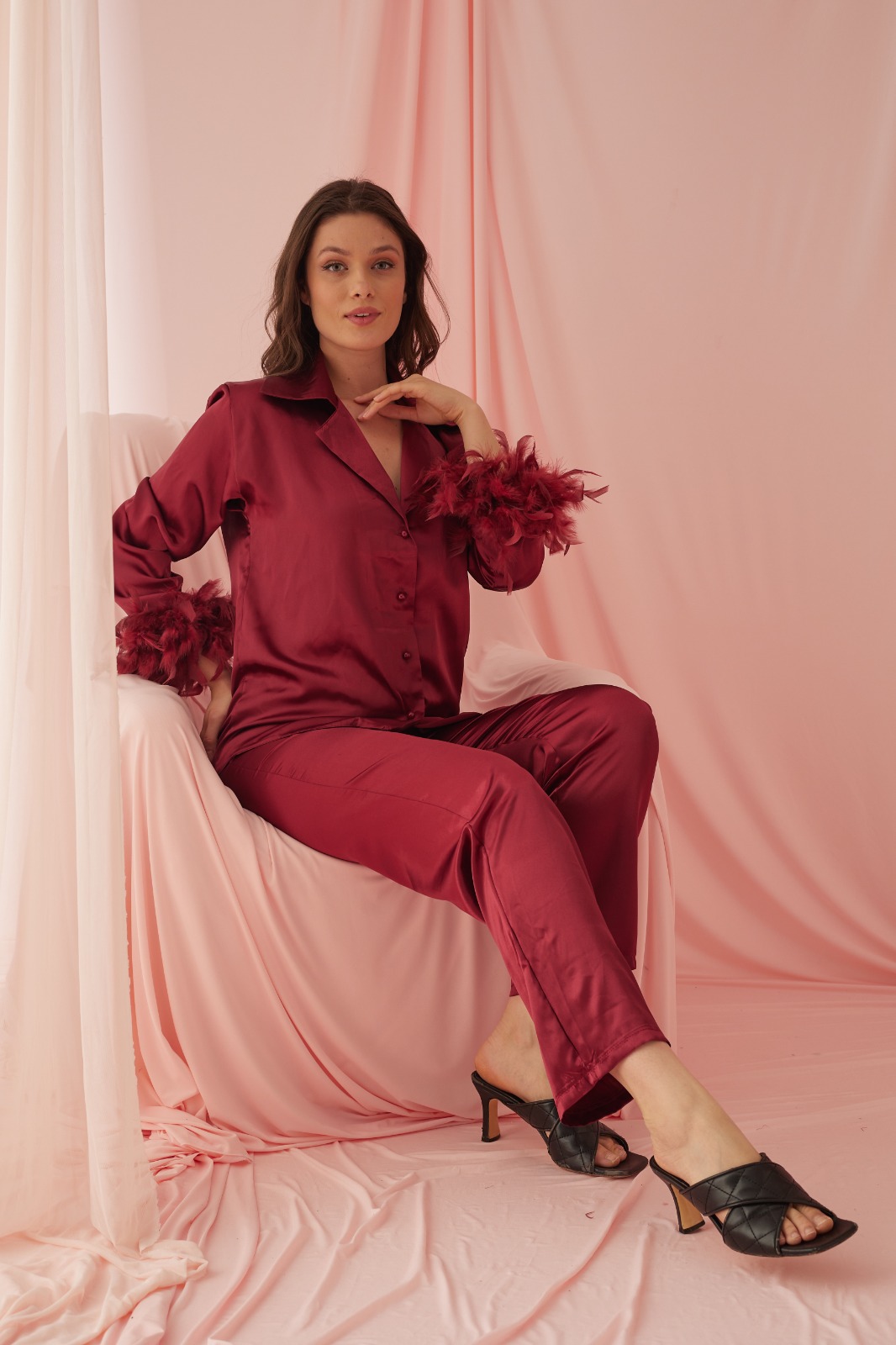 Burgundy Feather Elegance satin pijama 1090-1 - burgundy