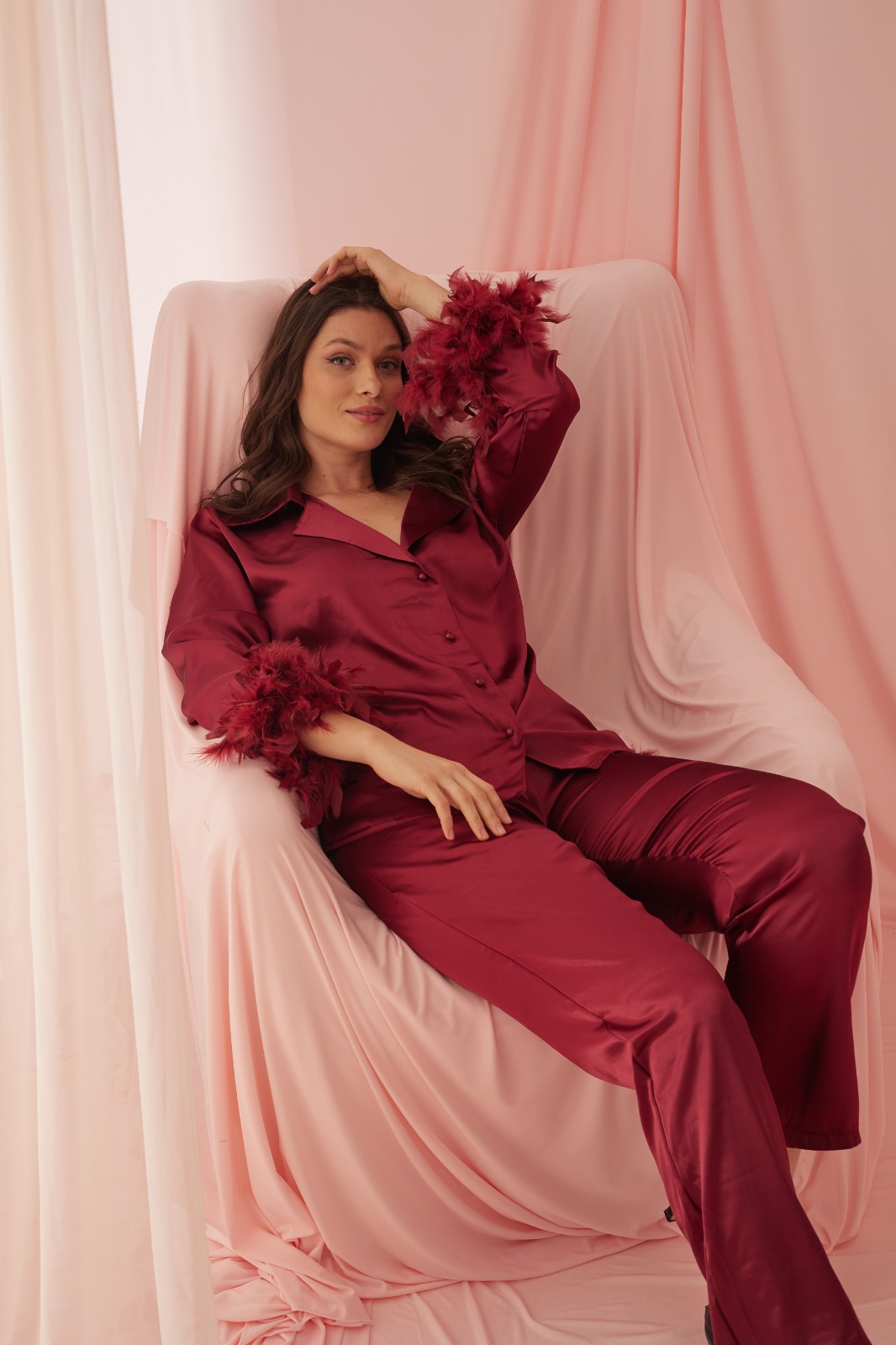 Burgundy Feather Elegance satin pijama 1090-1 - burgundy