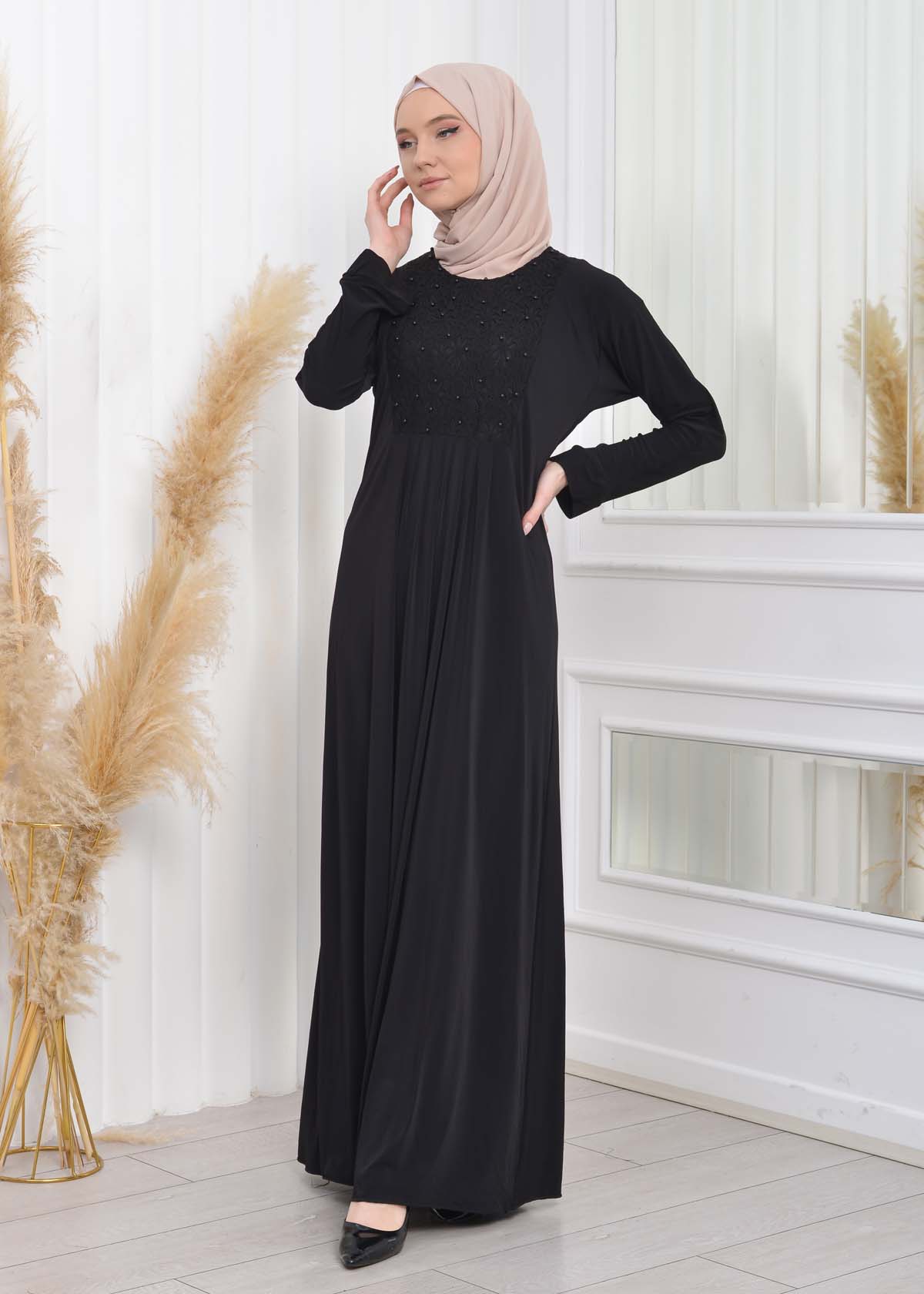 Lace Beaded Islamic Clothing Evening Dress 651 Siyah