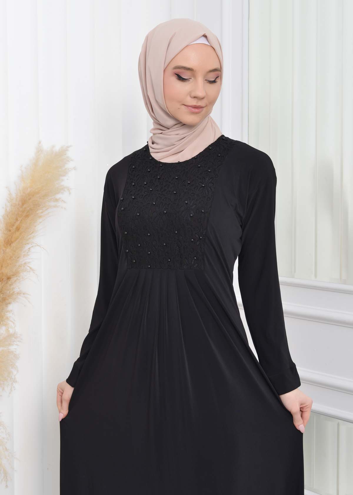 Lace Beaded Islamic Clothing Evening Dress 651 Siyah