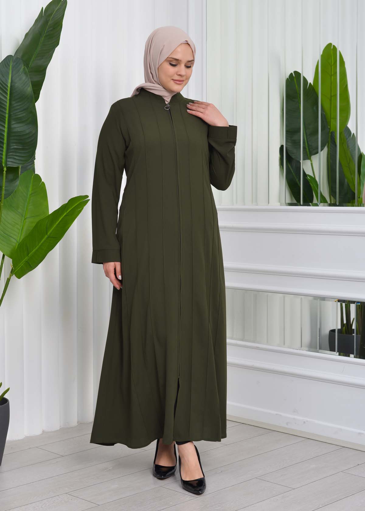 Zippered Simple Hijab Abaya 619 Haki