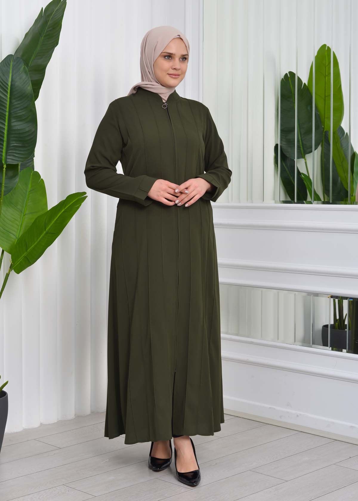 Zippered Simple Hijab Abaya 619 Haki