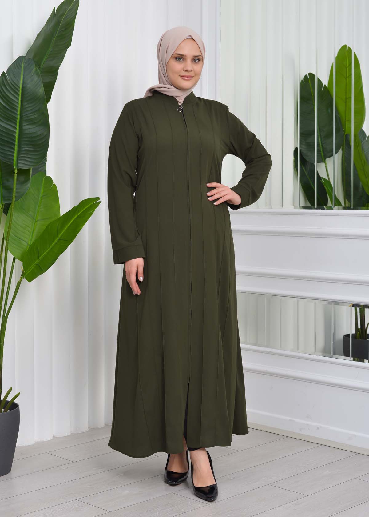 Zippered Simple Hijab Abaya 619 Haki