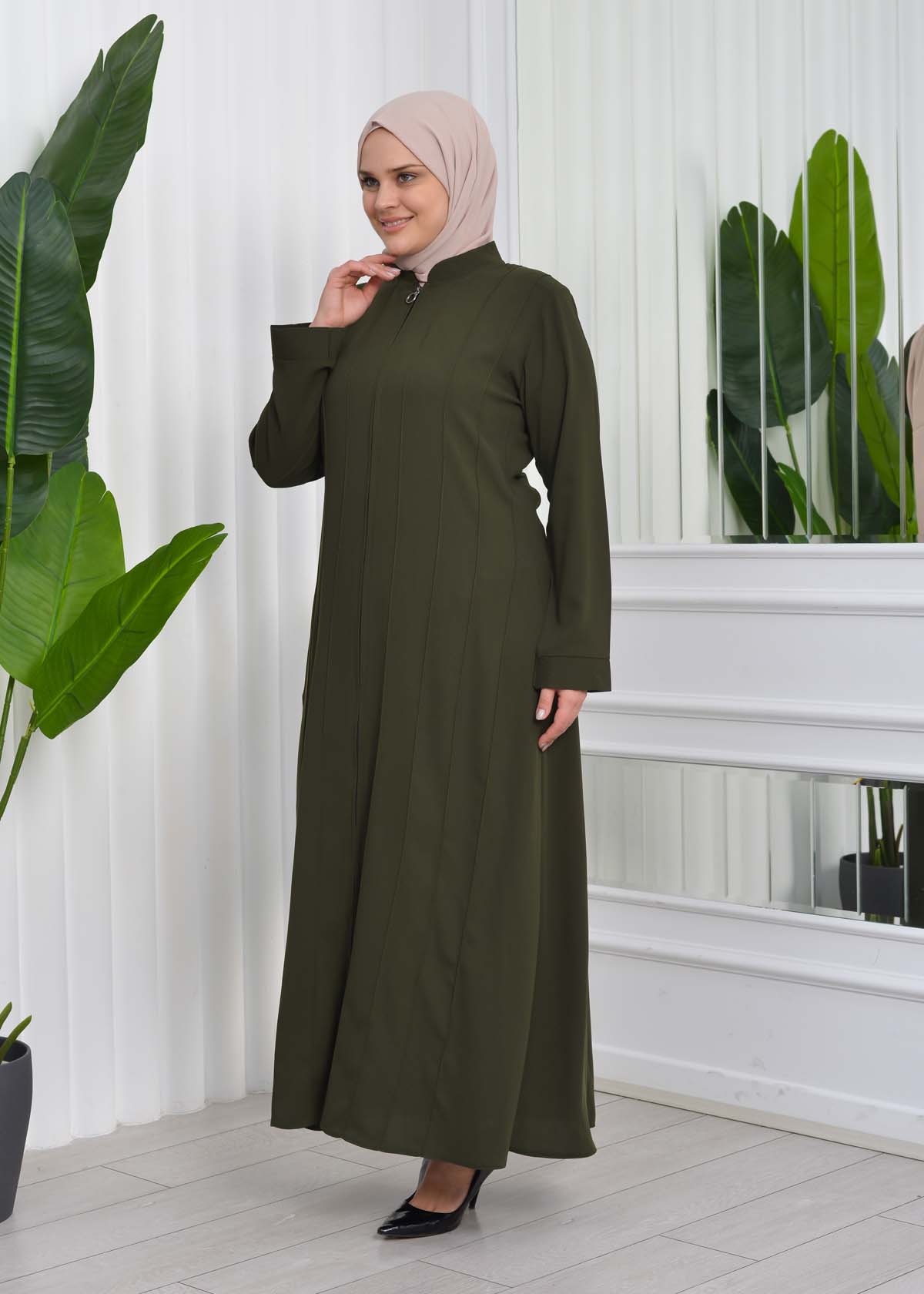 Zippered Simple Hijab Abaya 619 Haki