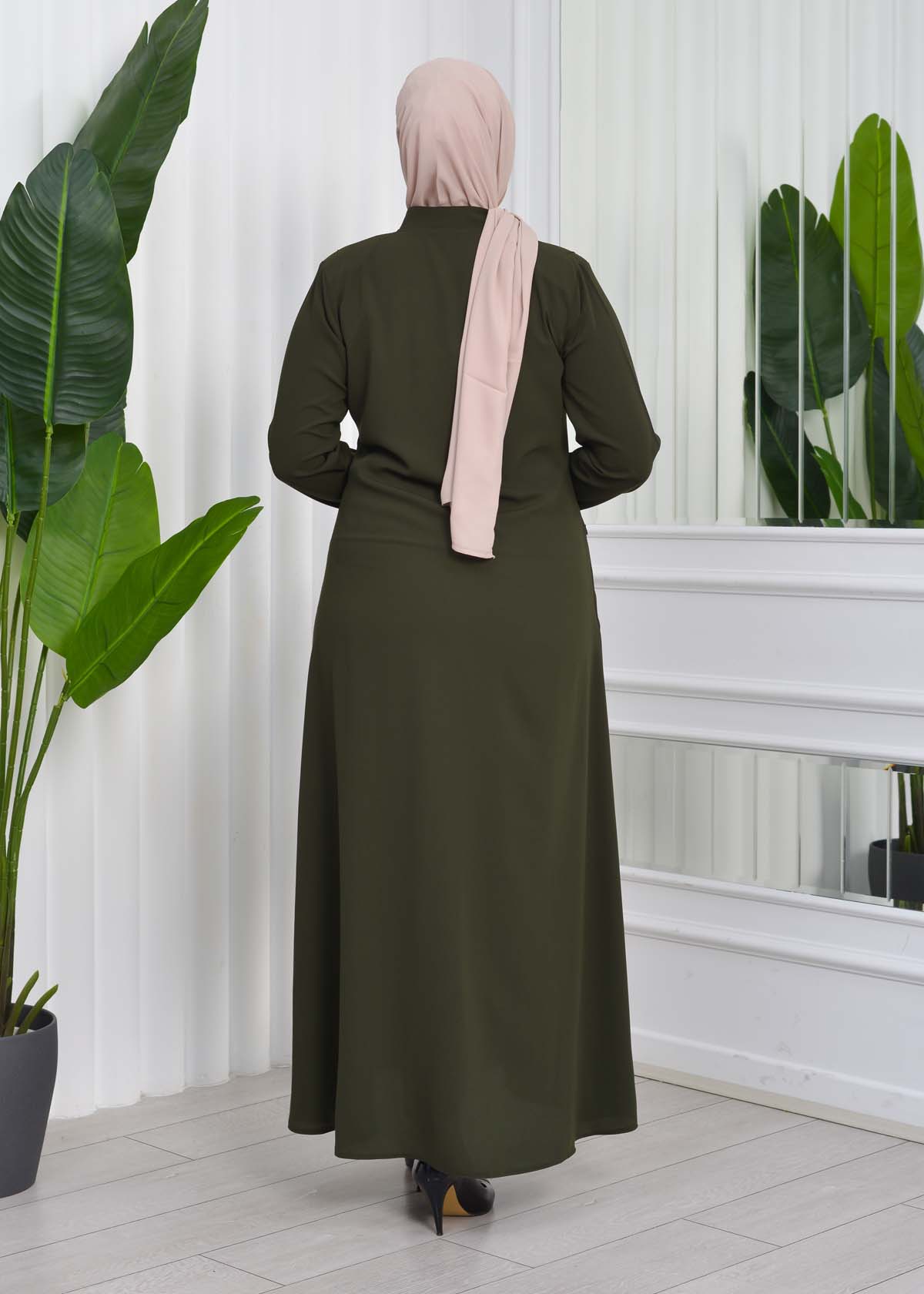 Zippered Simple Hijab Abaya 619 Haki