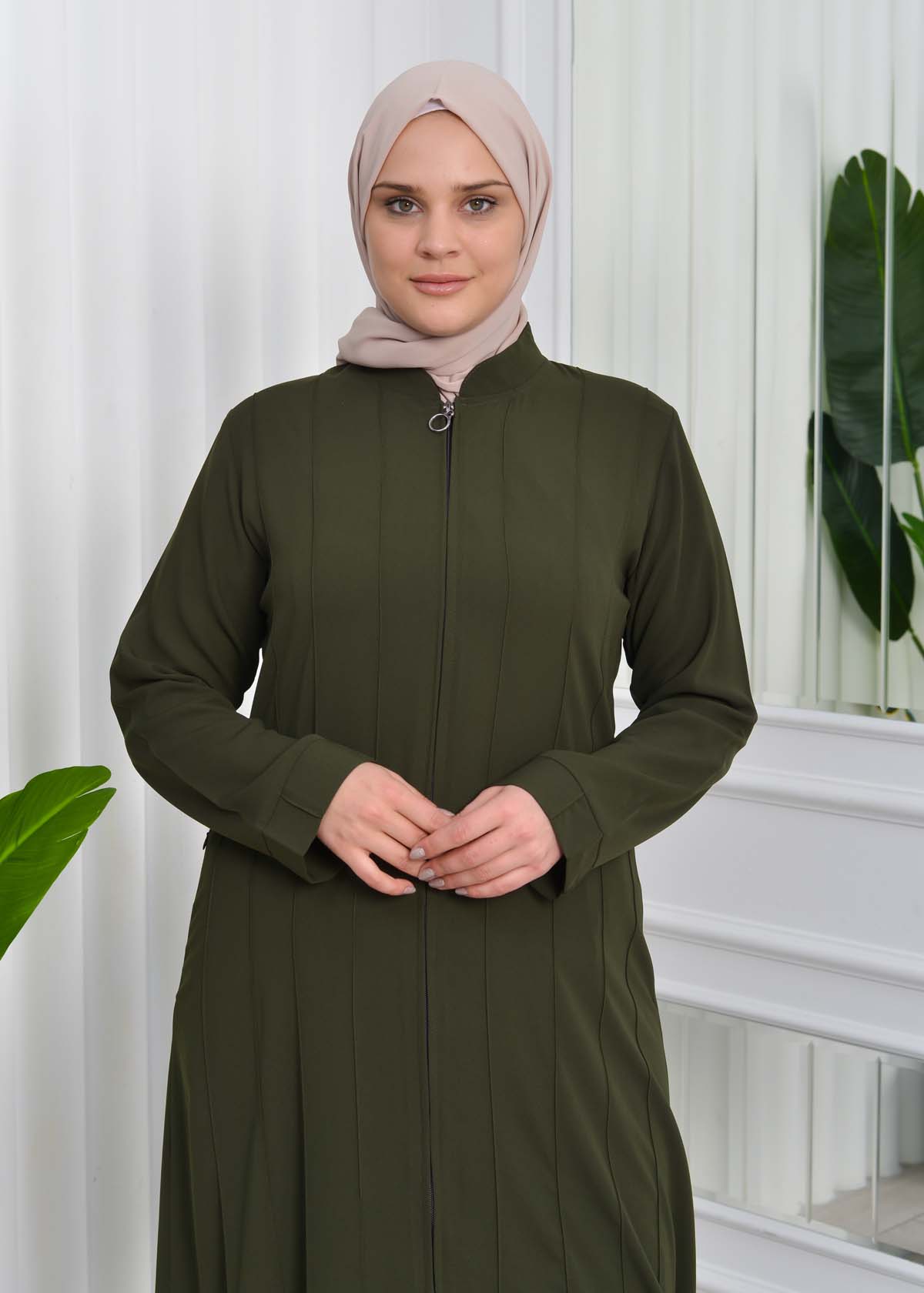 Zippered Simple Hijab Abaya 619 Haki