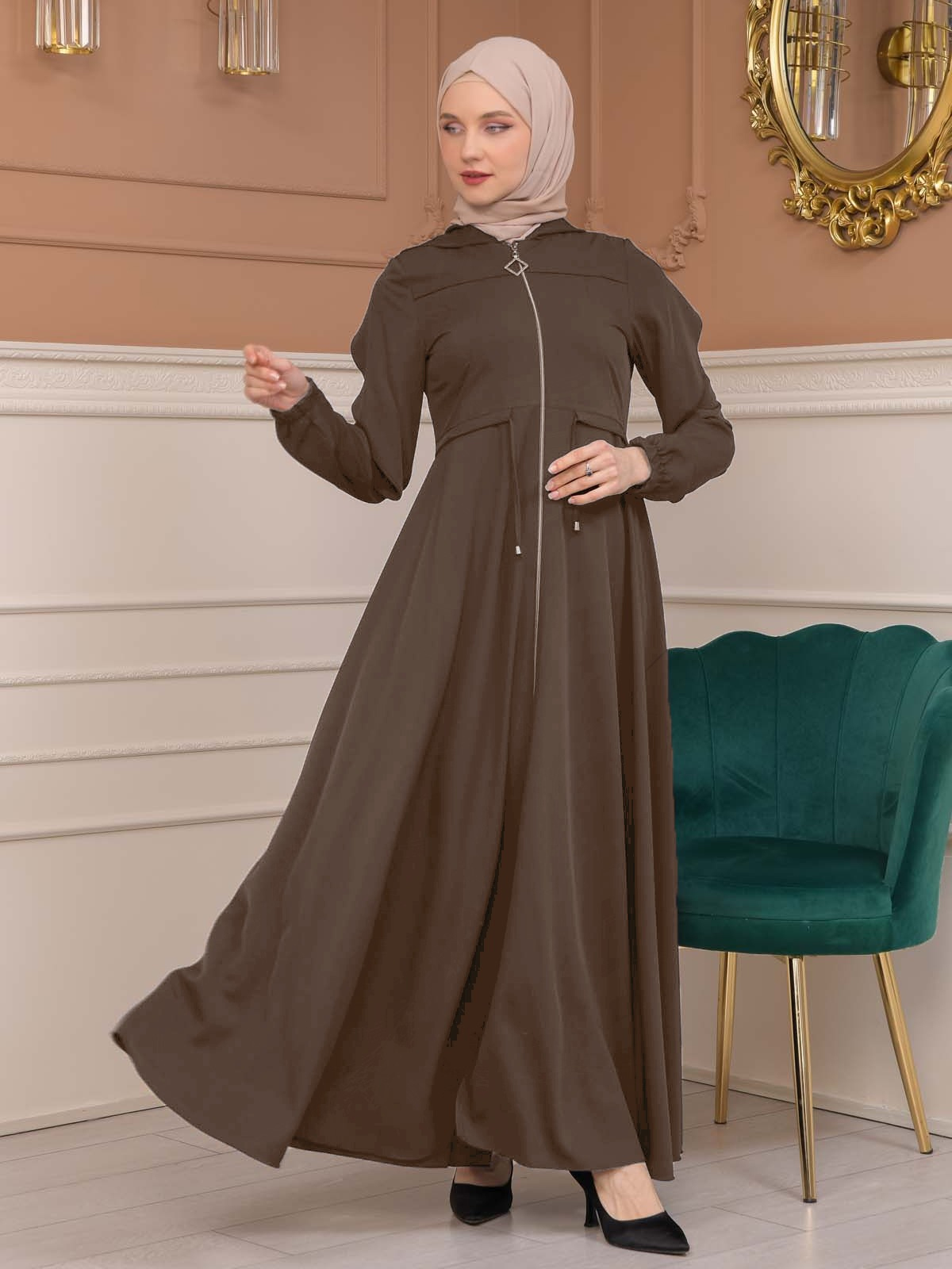 Modest Abaya With Flared Sleeve Detail 677 - brown