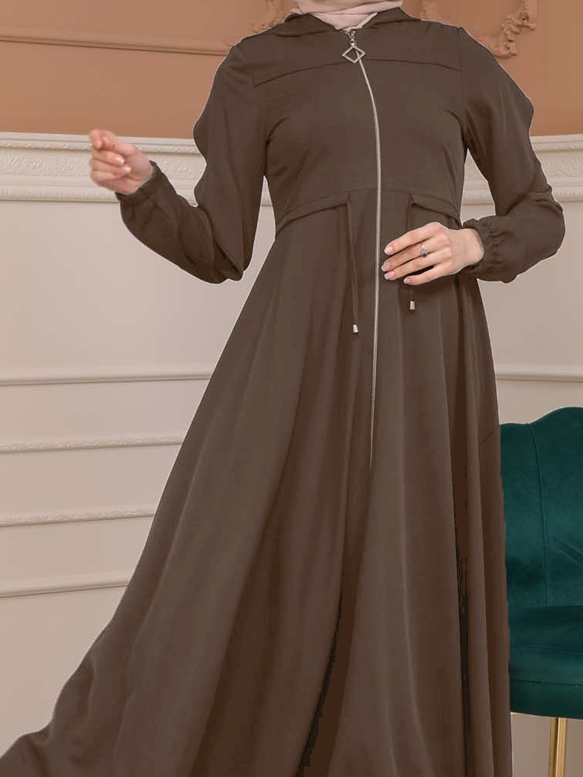 Modest Abaya With Flared Sleeve Detail 677 - brown