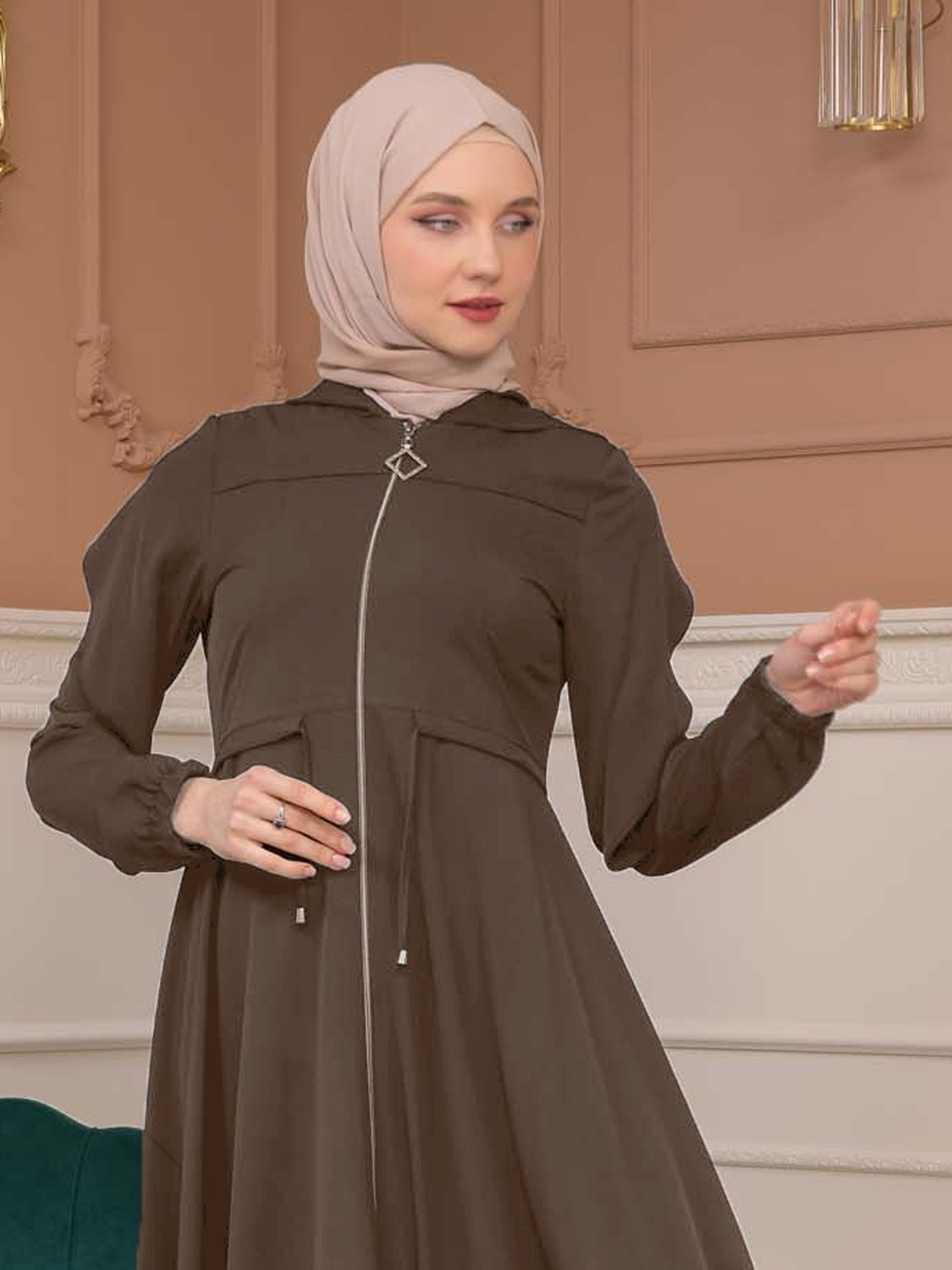 Modest Abaya With Flared Sleeve Detail 677 - brown