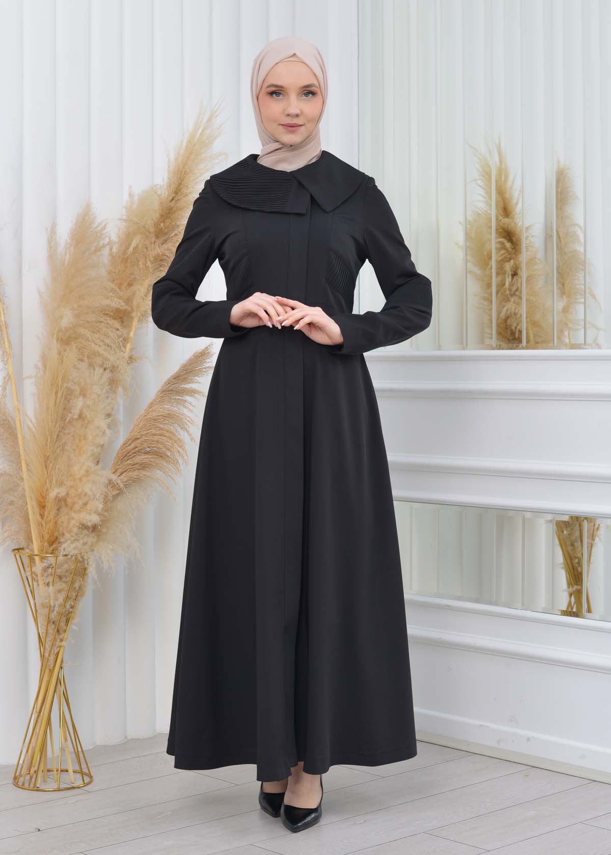 ZIPPERED PLEATED COLLAR WOMANS HIJAB LONG TOPCOAT 1201 - black