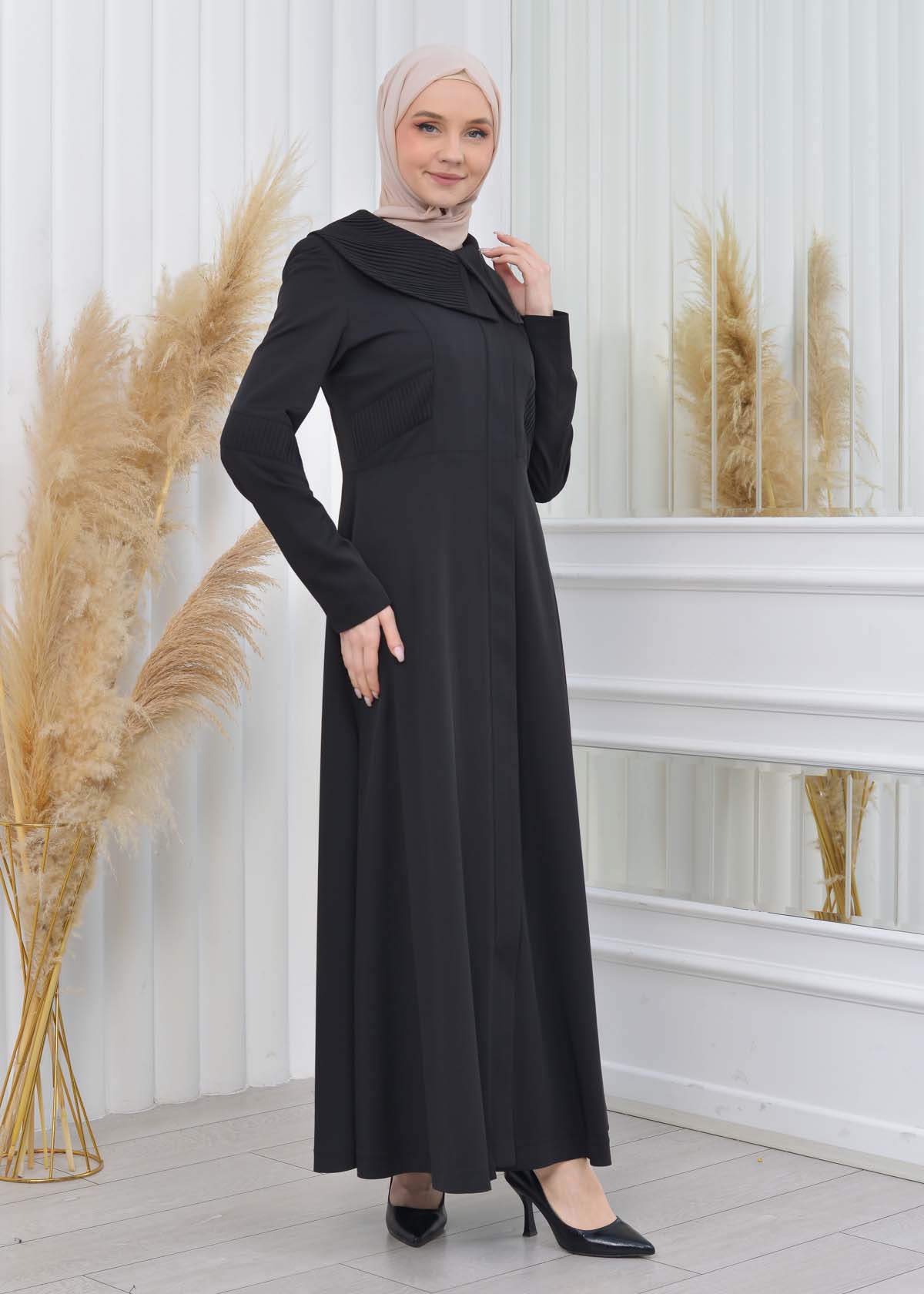 ZIPPERED PLEATED COLLAR WOMAN'S HIJAB LONG TOPCOAT 1201 Siyah