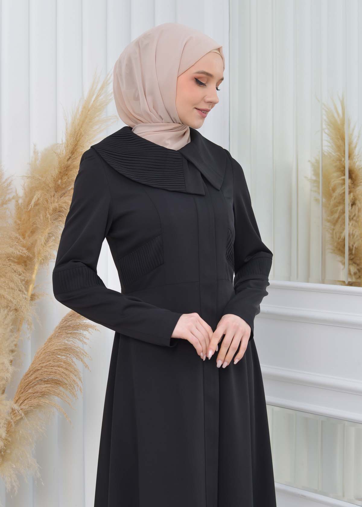 ZIPPERED PLEATED COLLAR WOMAN'S HIJAB LONG TOPCOAT 1201 Siyah