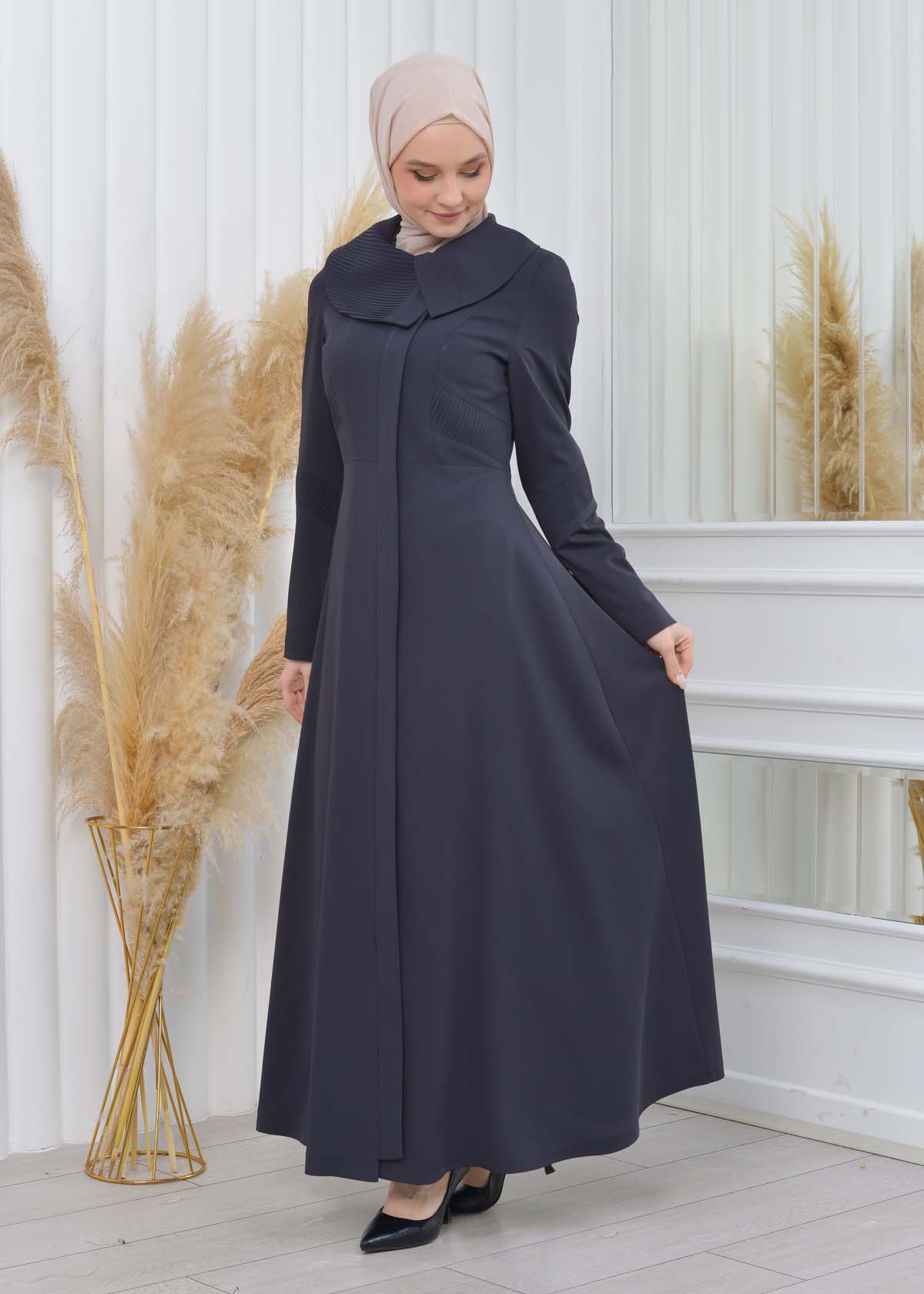 ZIPPERED PLEATED COLLAR WOMAN'S HIJAB LONG TOPCOAT 1201 koyu gri