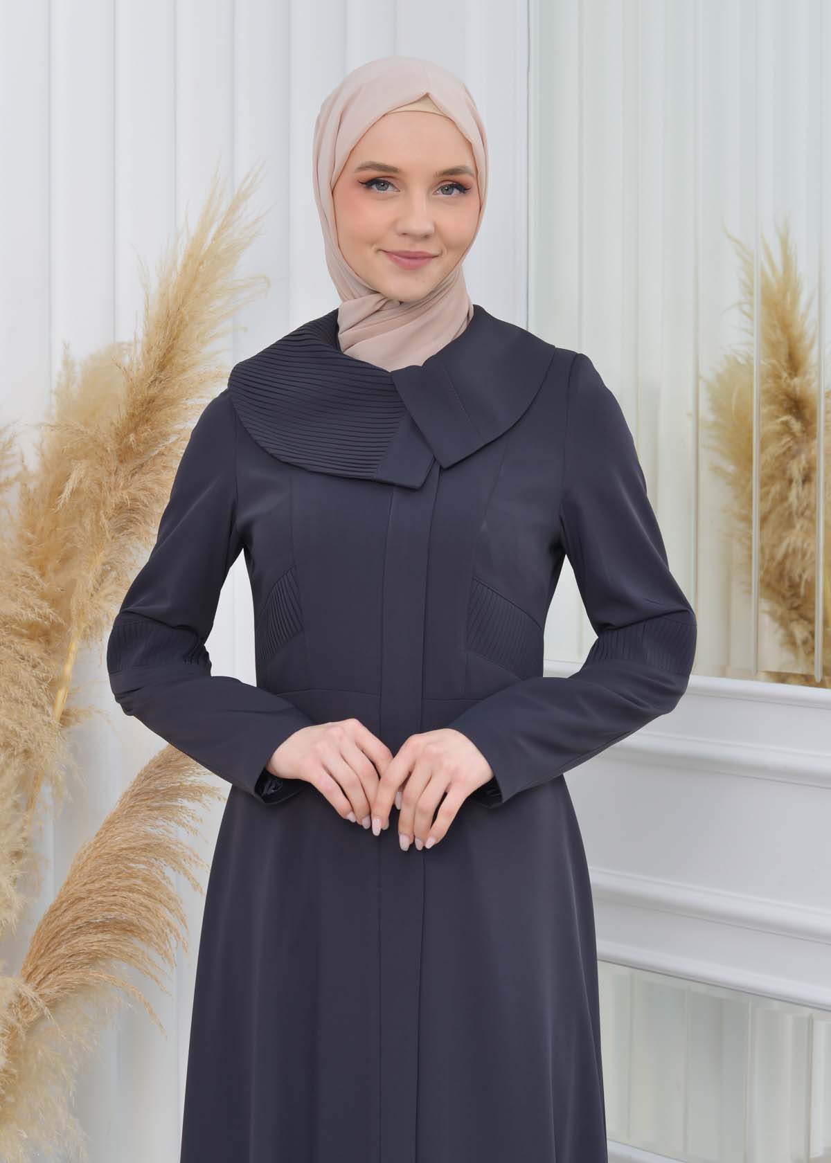 ZIPPERED PLEATED COLLAR WOMAN'S HIJAB LONG TOPCOAT 1201 koyu gri