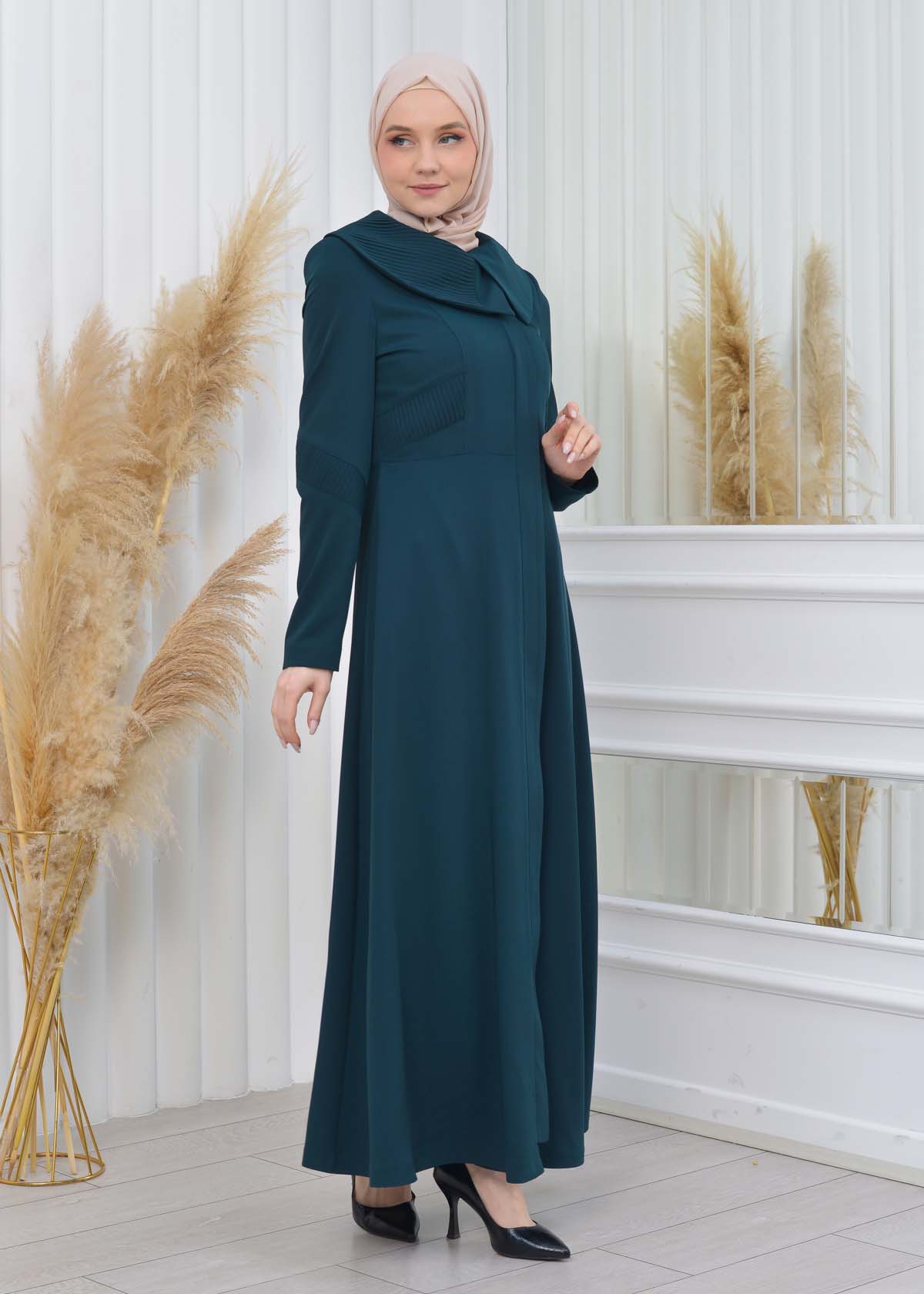 ZIPPERED PLEATED COLLAR WOMAN'S HIJAB LONG TOPCOAT 1201 Haki