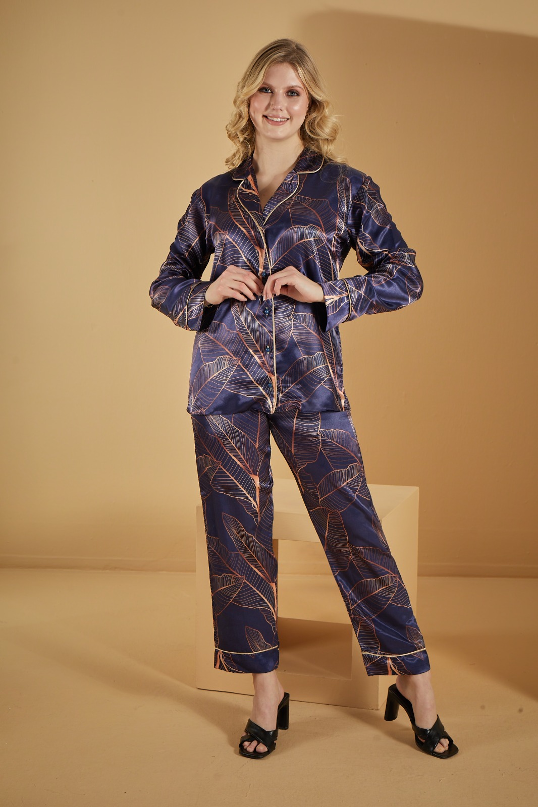 Navy blue Night Leaves Satin Pajamas 1091-3 - deep blue