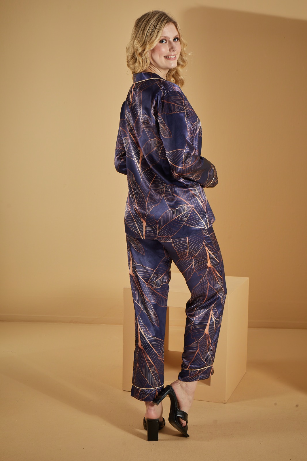 Navy blue Night Leaves Satin Pajamas 1091-3 - deep blue