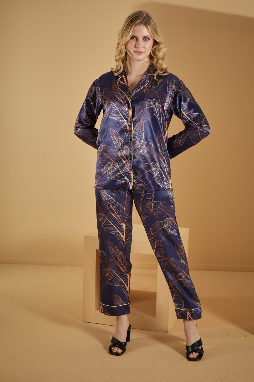 Navy blue Night Leaves Satin Pajamas 1091-3 - deep blue