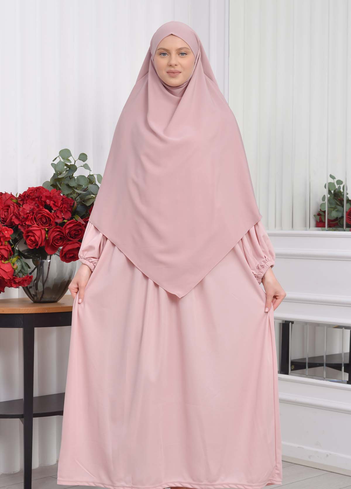 Casual Hijab Dress Suit 2 Pieces 828 - powder pink/ dusty pink