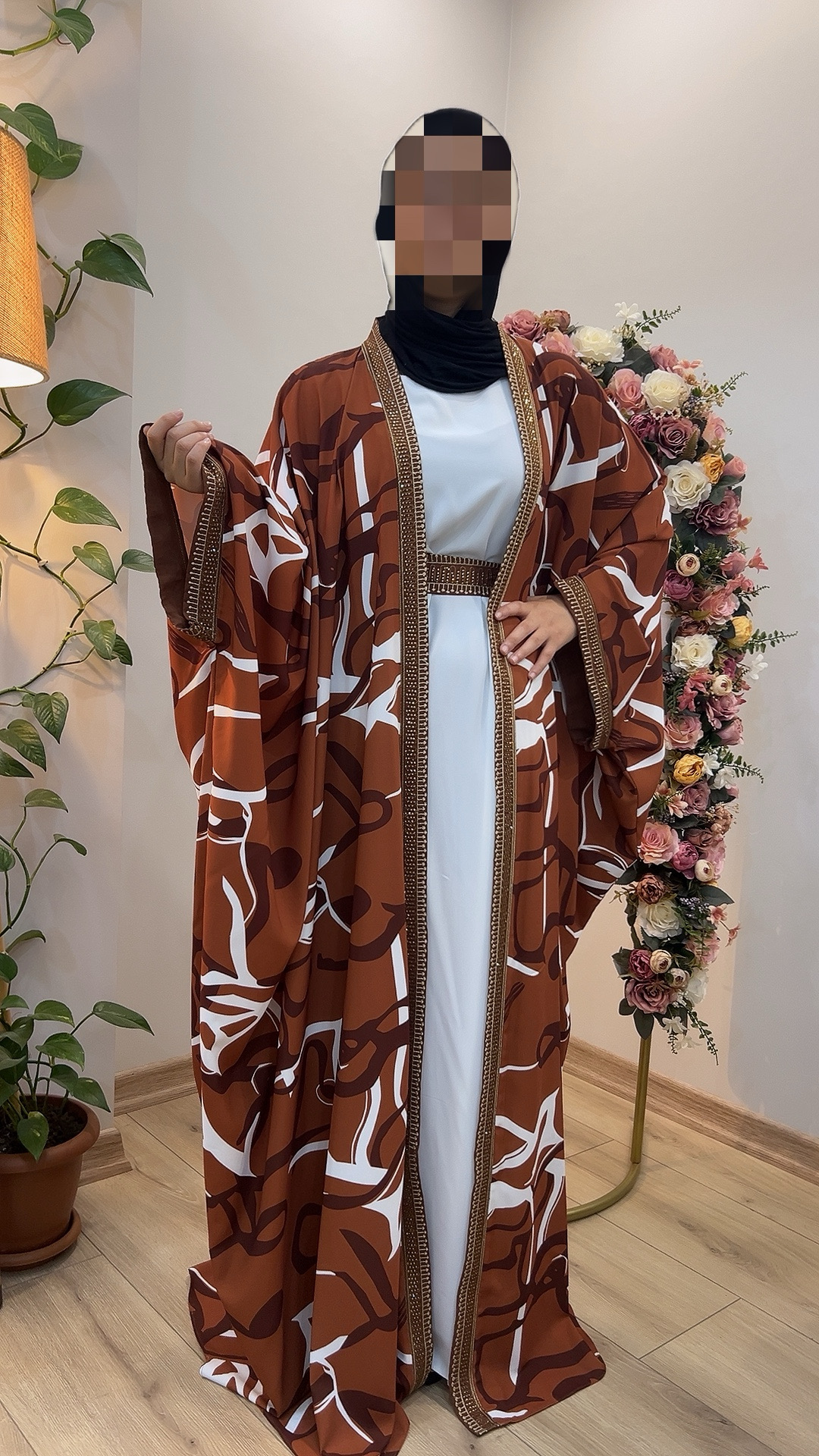 Two-Piece Set: Dress and Modern Patterned Abaya - Forsan Fabric | Product Code: 698 - tan