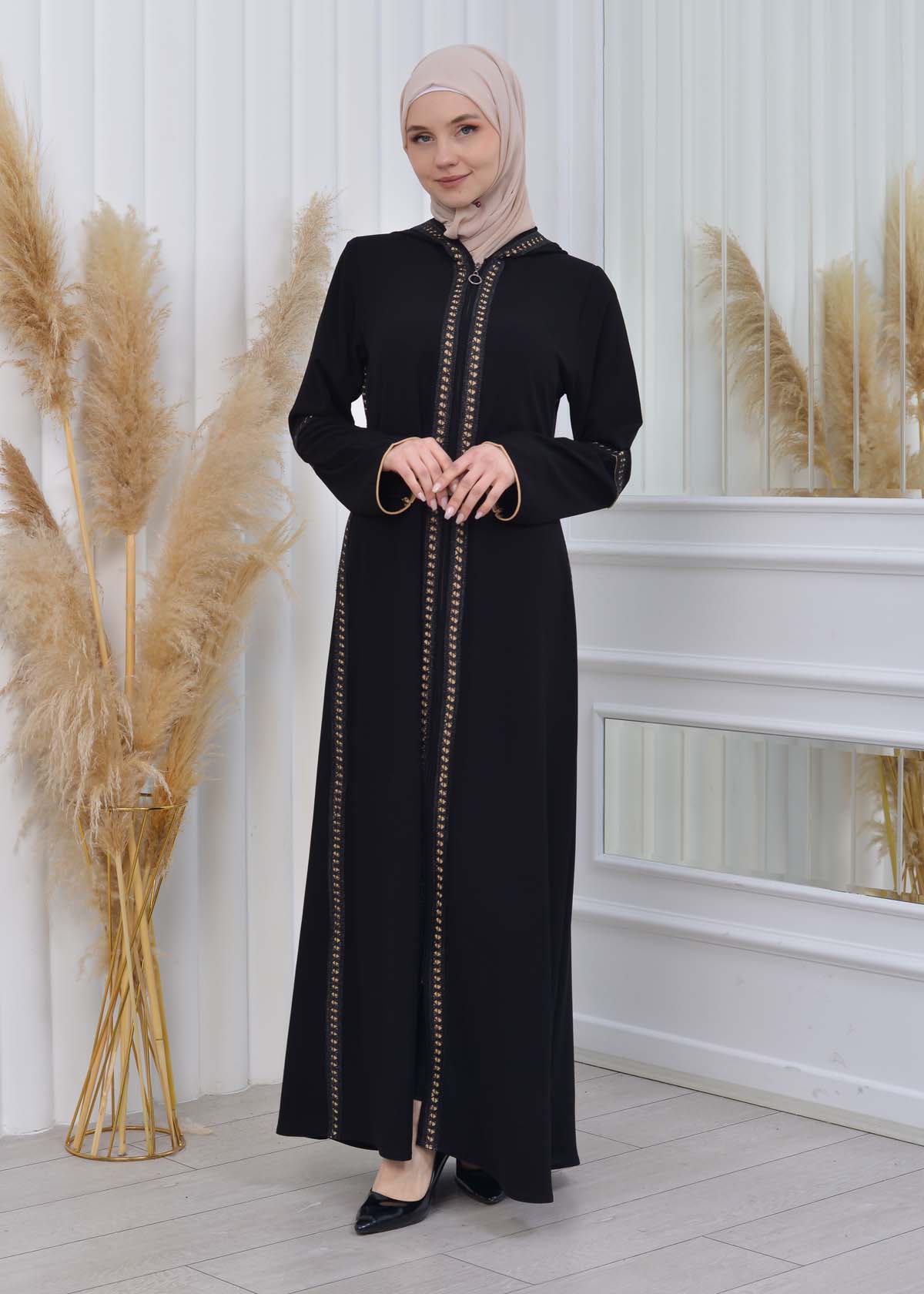 Women's Lace Embroidered Hooded Zippered Abaya 604 Bej