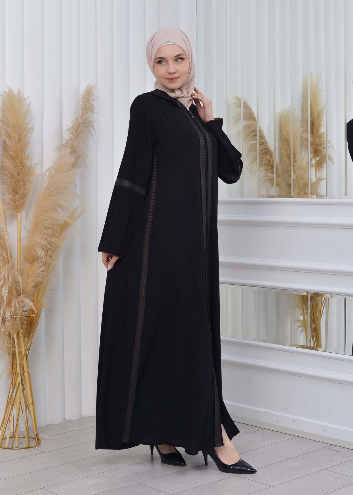 Women's Lace Embroidered Hooded Zippered Abaya 604 taba