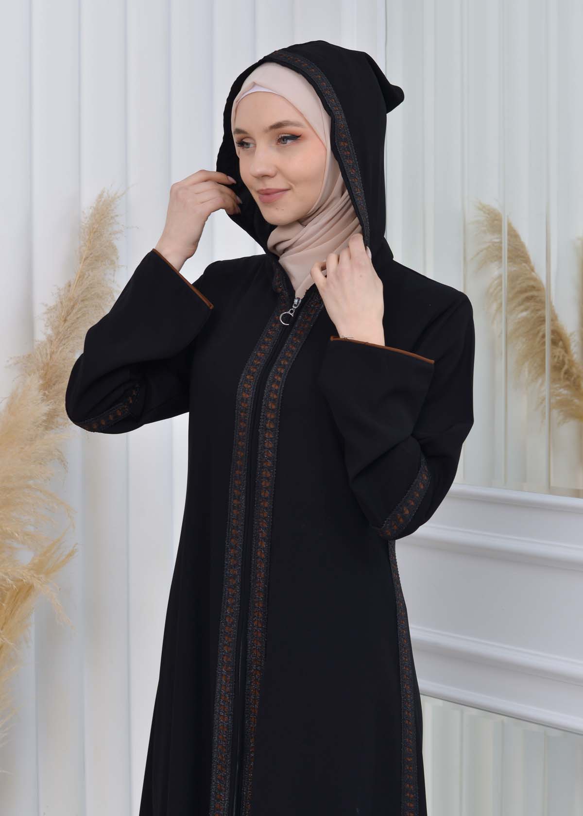 Women's Lace Embroidered Hooded Zippered Abaya 604 taba