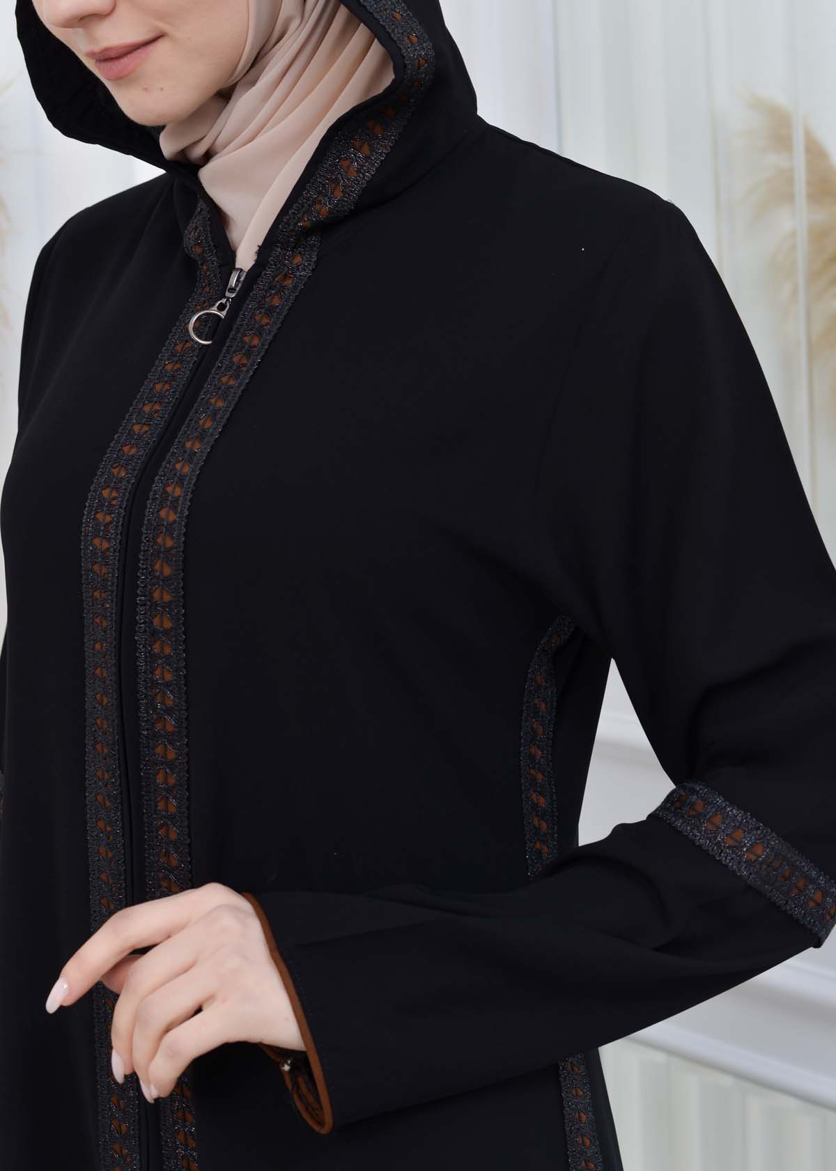 Women's Lace Embroidered Hooded Zippered Abaya 604 taba