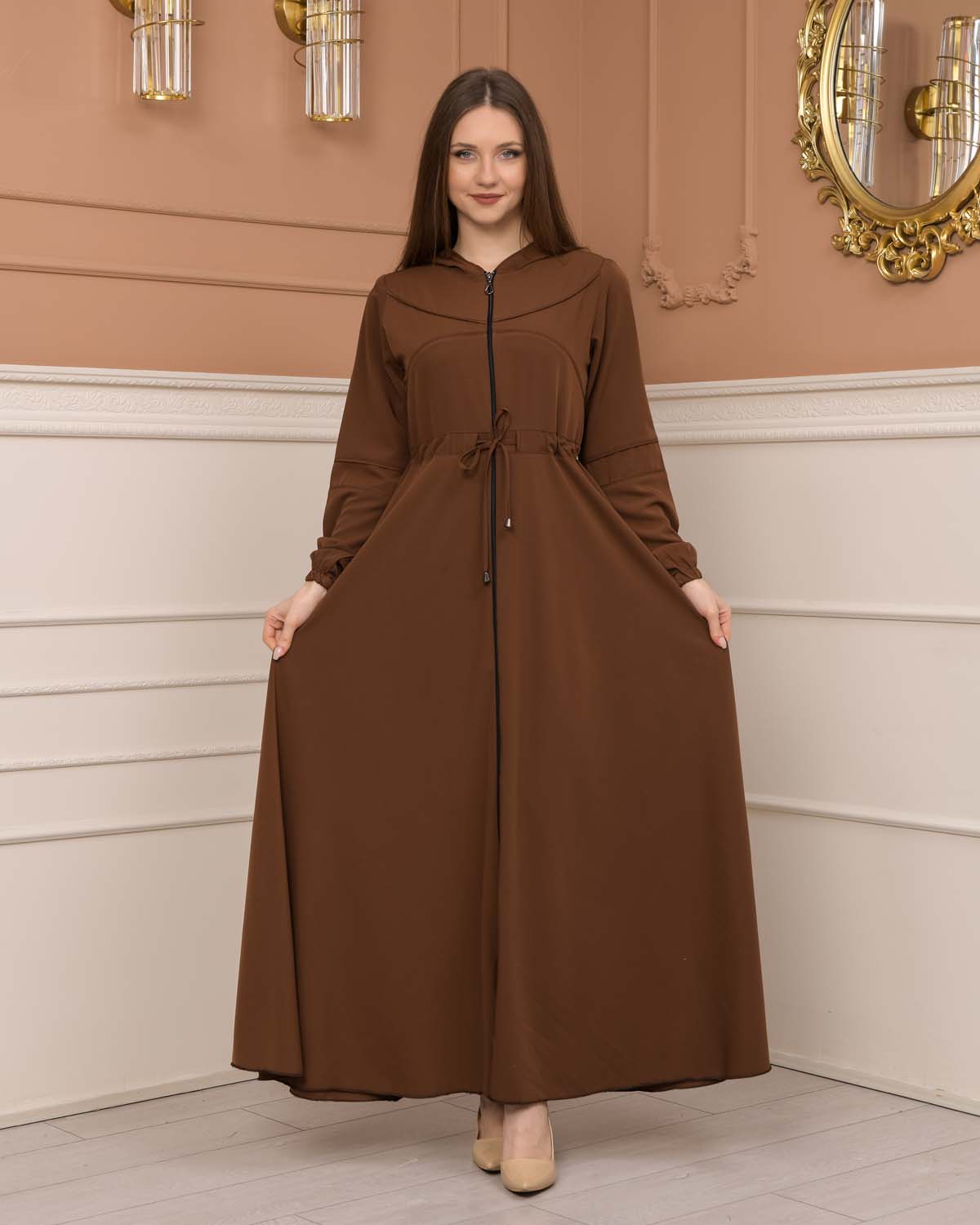 Womens Hooded Abaya with Detachable Belt 605 - tan