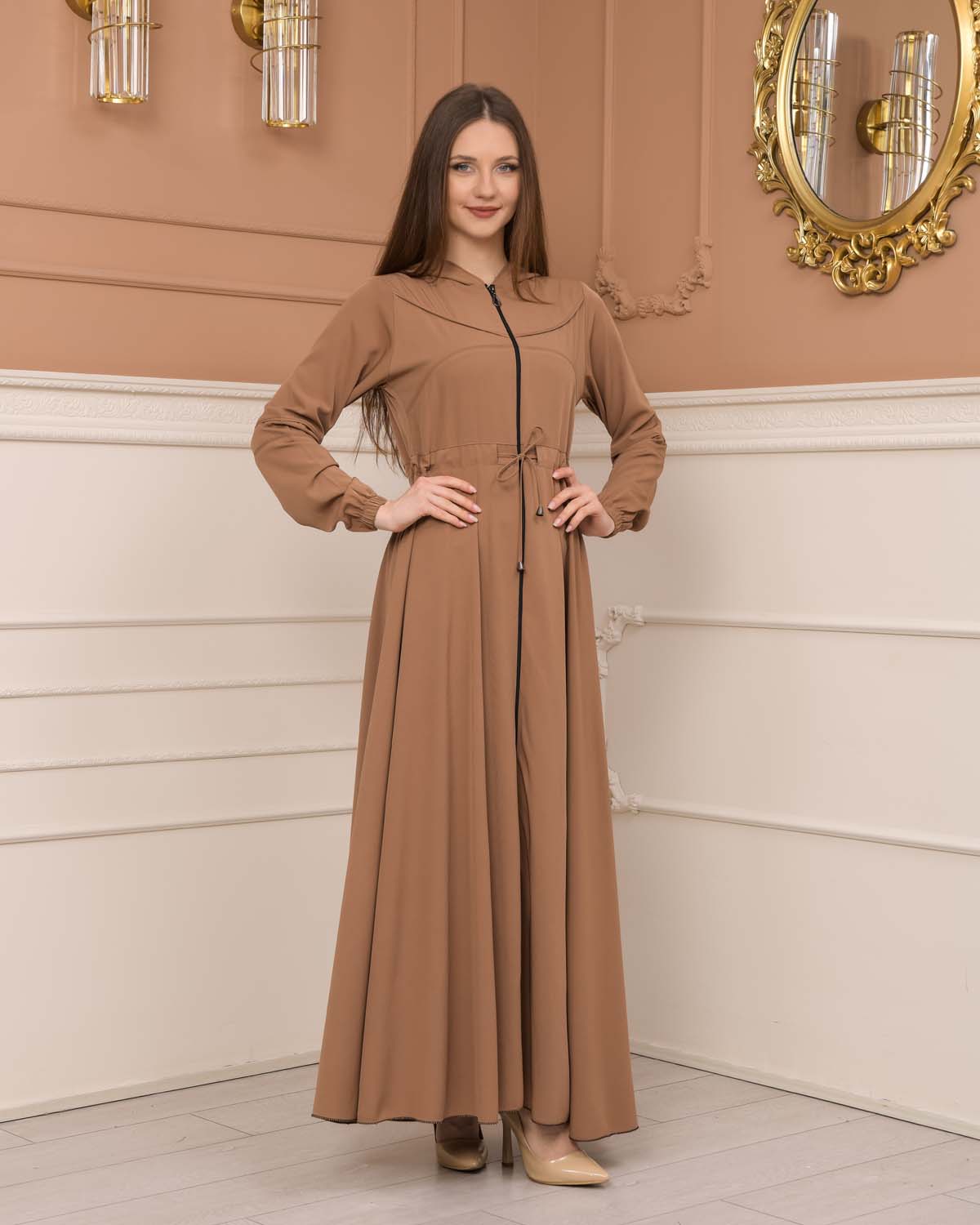 Womens Hooded Abaya with Detachable Belt 605 - light brown