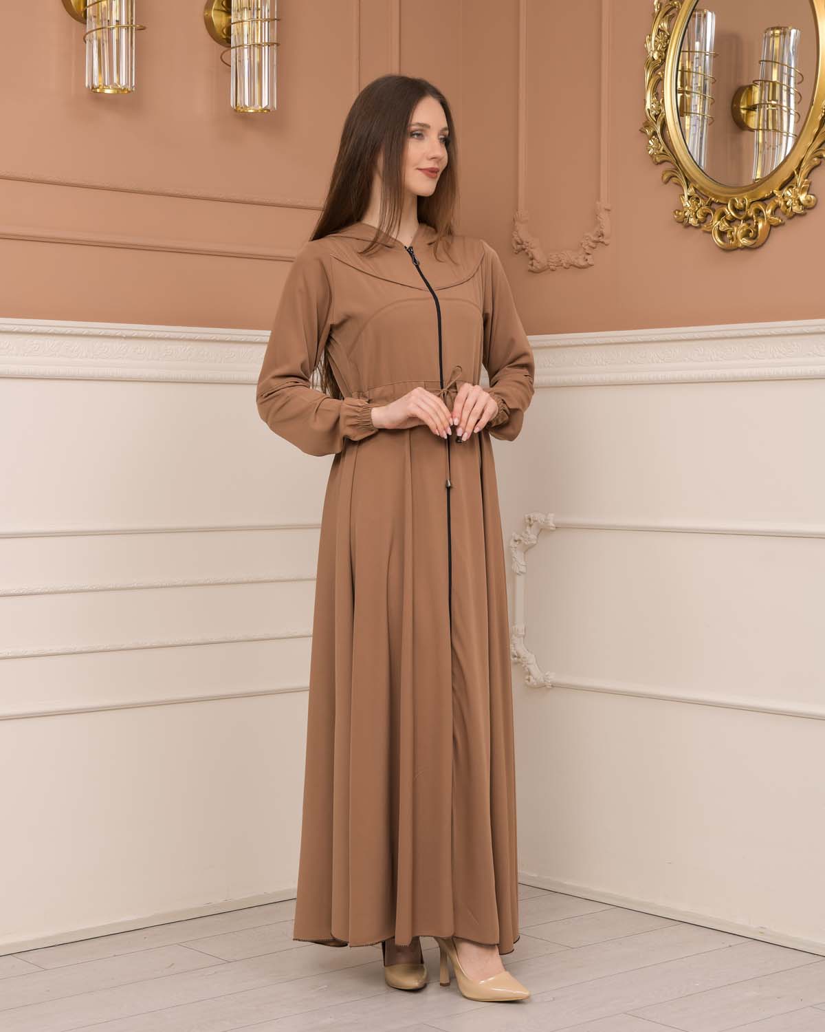 Women's Hooded Abaya with Detachable Belt 605 Açık kahverengi