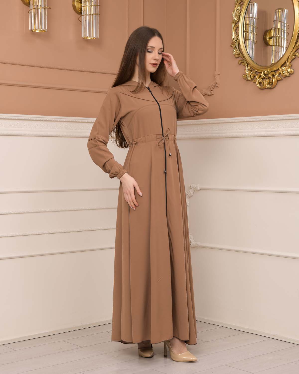 Women's Hooded Abaya with Detachable Belt 605 Açık kahverengi