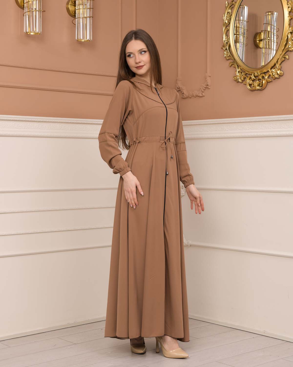 Women's Hooded Abaya with Detachable Belt 605 Açık kahverengi