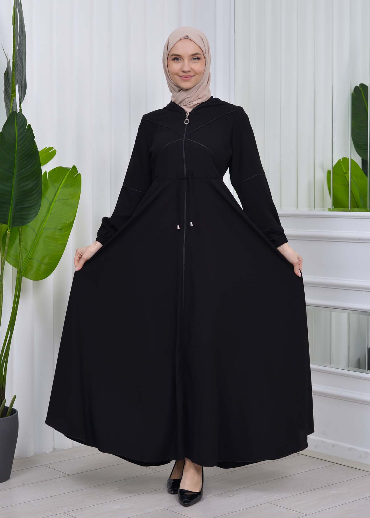 Women's Hooded Abaya with Detachable Belt 605 Siyah