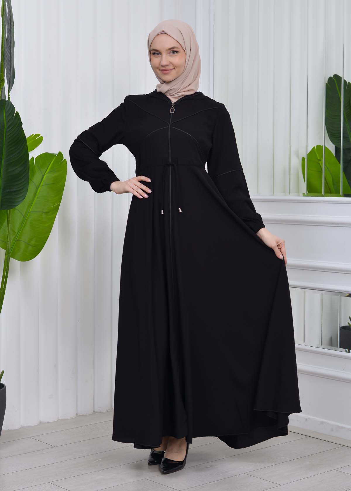 Women's Hooded Abaya with Detachable Belt 605 Siyah