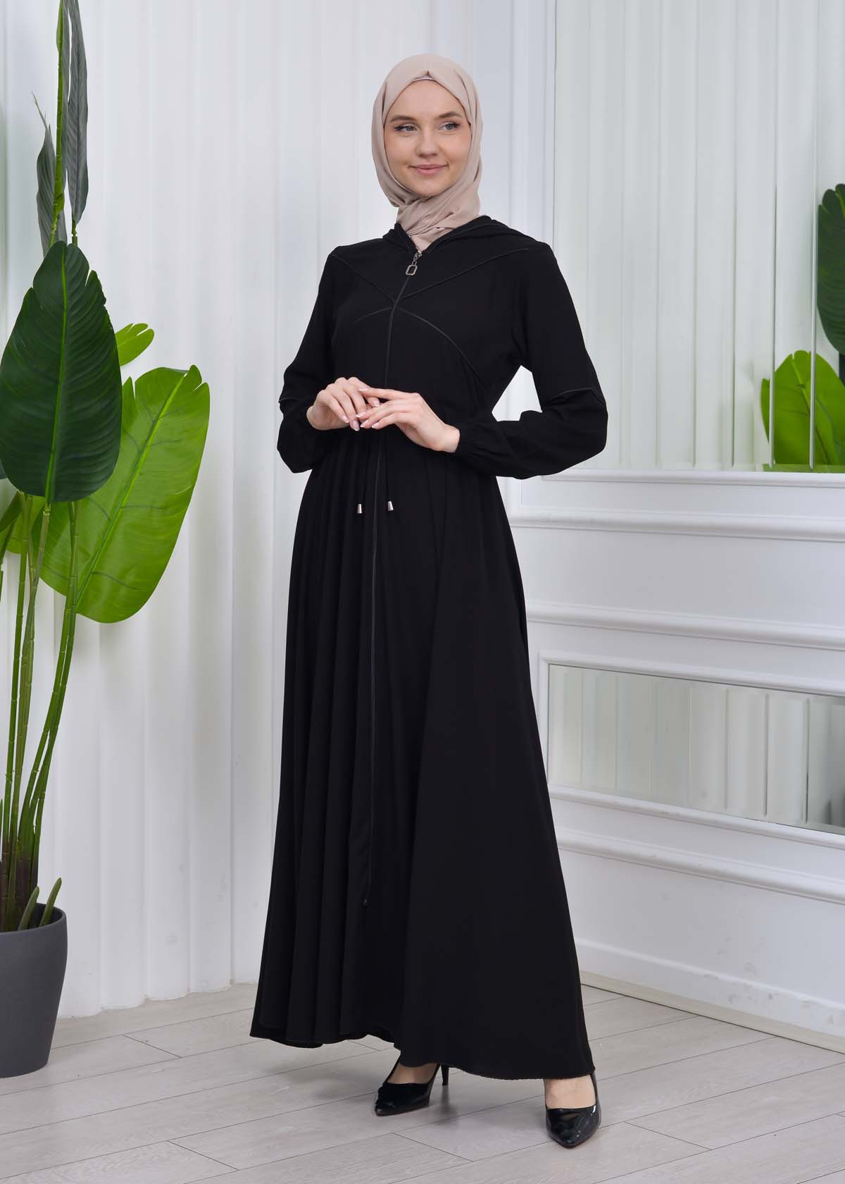 Women's Hooded Abaya with Detachable Belt 605 Siyah