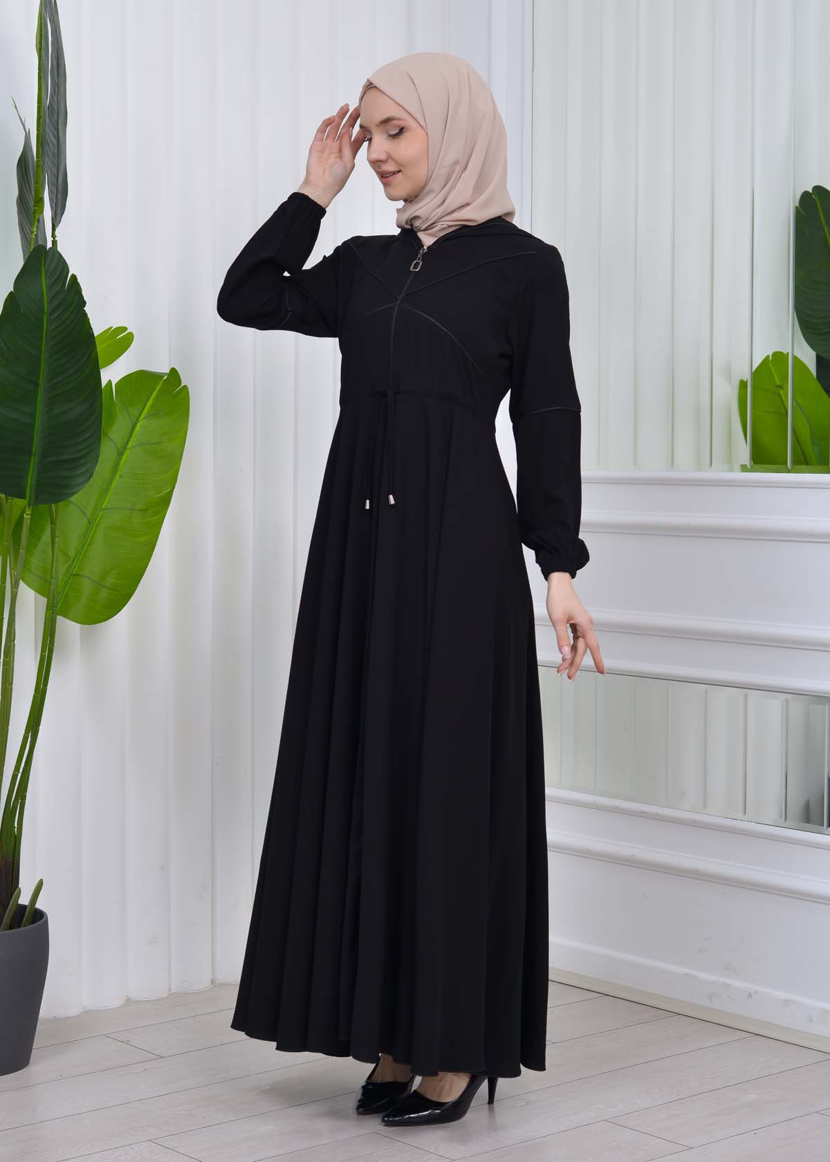 Women's Hooded Abaya with Detachable Belt 605 Siyah